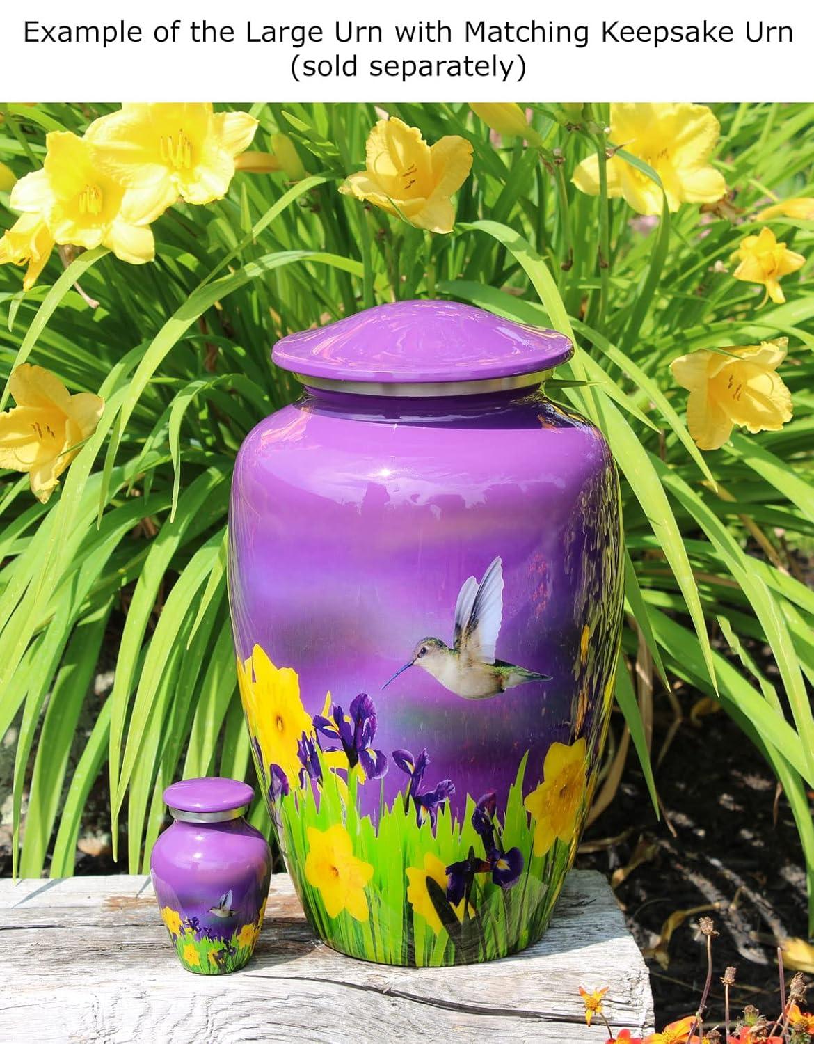 Mystic Hummingbird Adult Urn for Ashes - 200 Cubic Inch Capacity Cremation Urn - Large Metal Urn for Human Ashes - Gorgeous Purple Urn with Yellow Flowers and Gray & Blue Hummingbird
