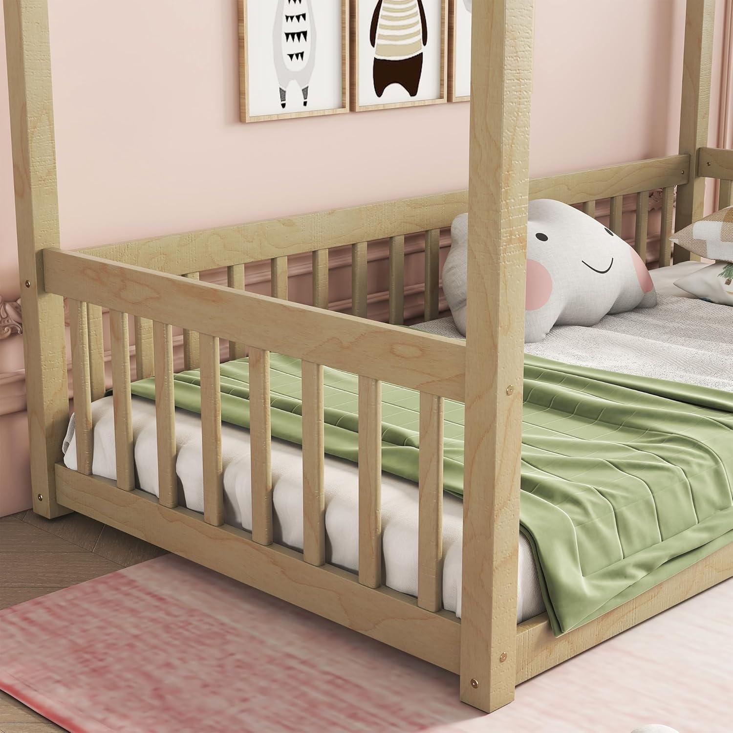 Natural Pine Twin Canopy Bed with Drawer and Headboard