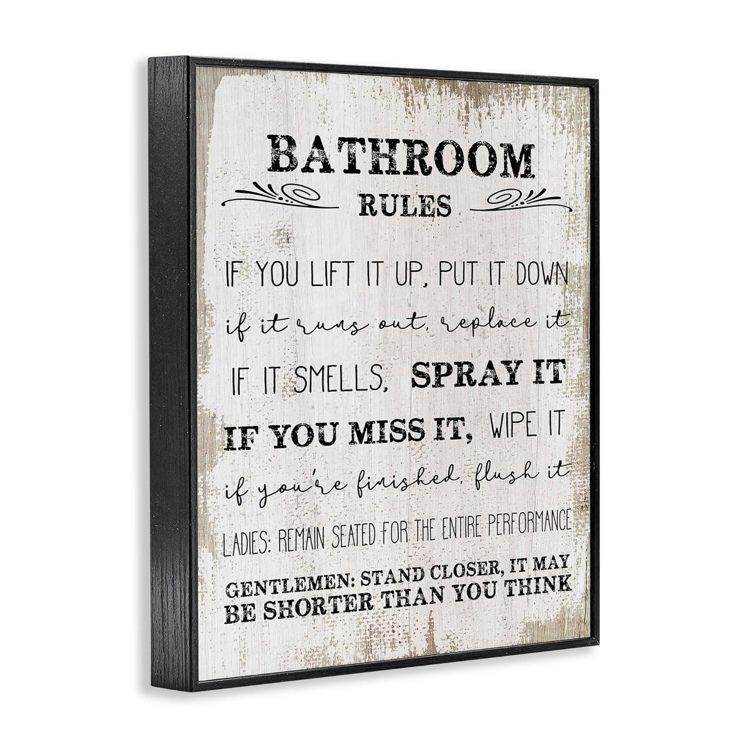 Stupell Industries Bathroom Rules Funny Word Wood Textured Design Framed Giclee Texturized Art by Daphne Polselli