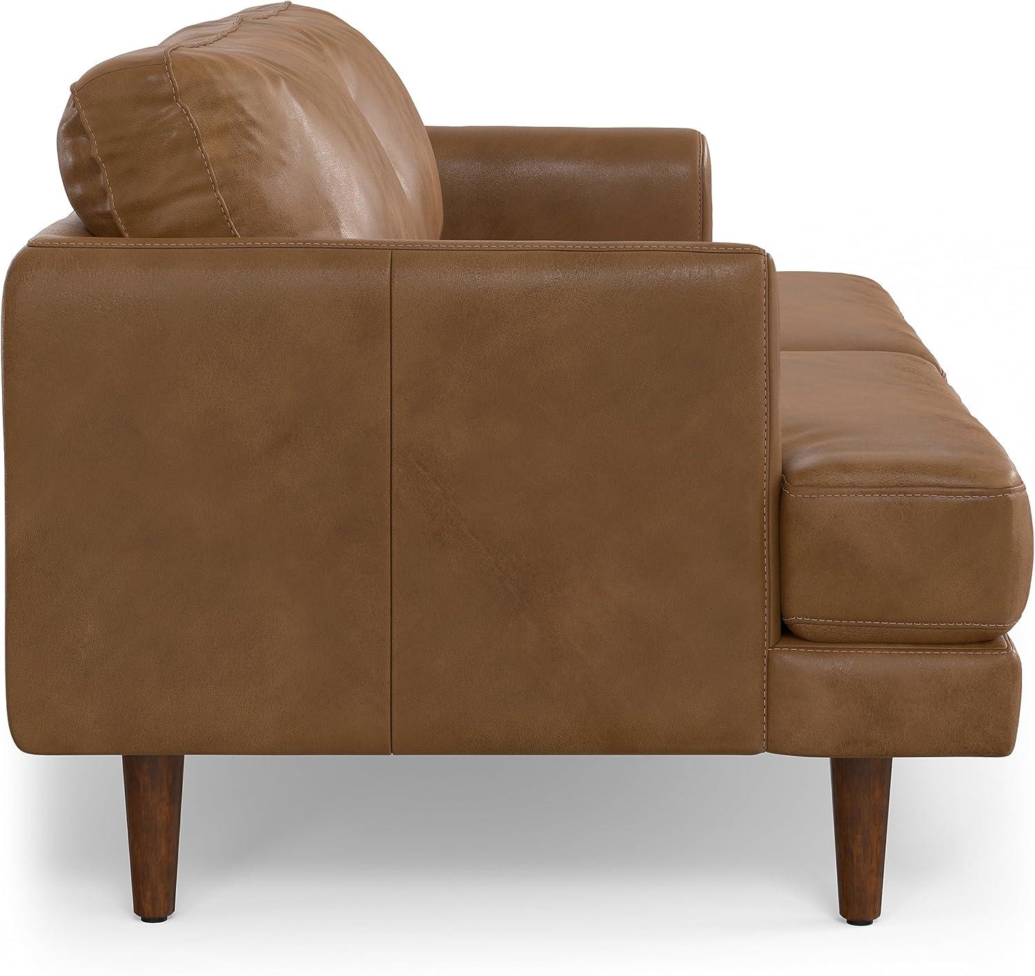 Simpli Home Livingston Top Grain Genuine Leather Mid-Century Modern Sofa With Solid Wood Frame For Living Room