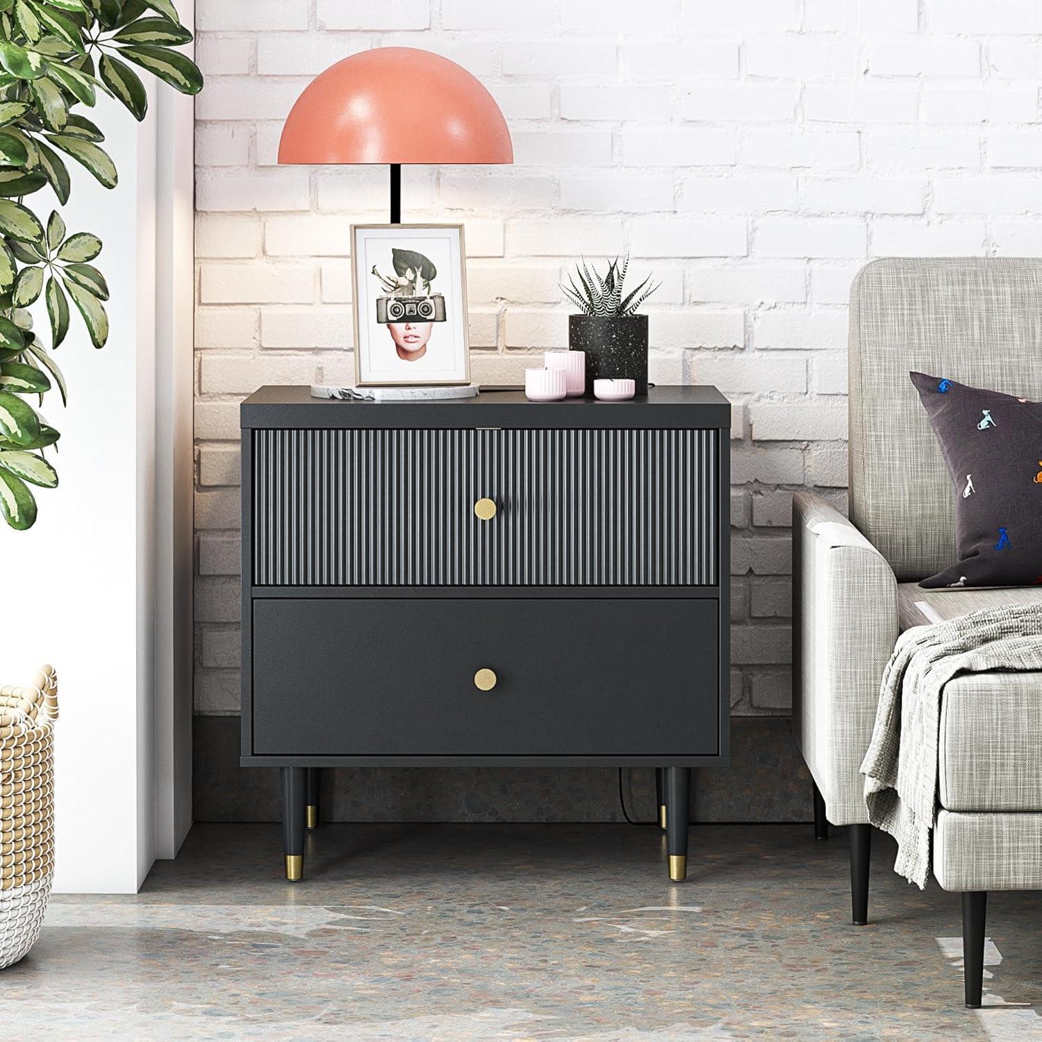 Black MDF Nightstand with Brass Handles and Ribbed Drawer