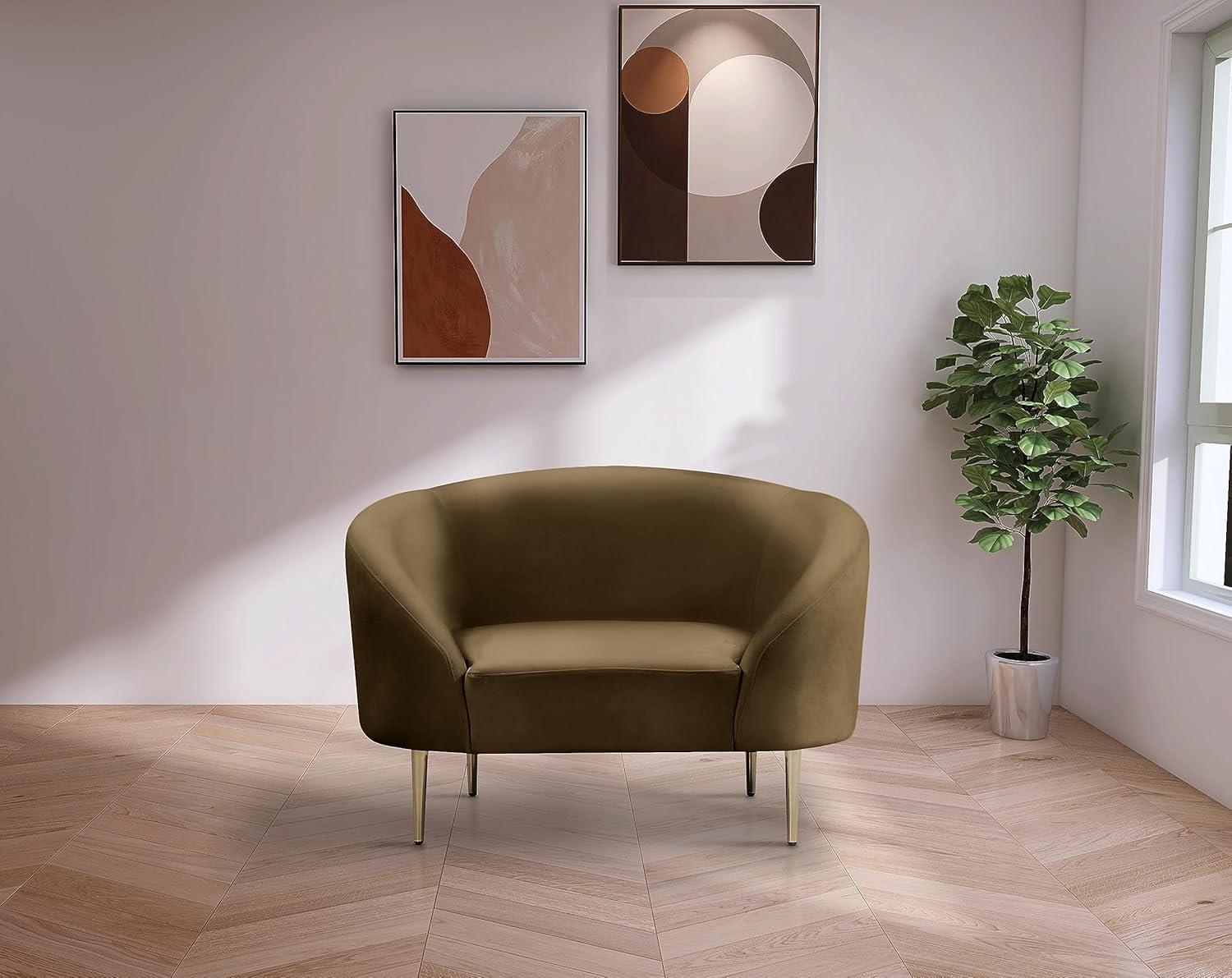 Elegant Brown Velvet Barrel Chair with Gold Metal Legs