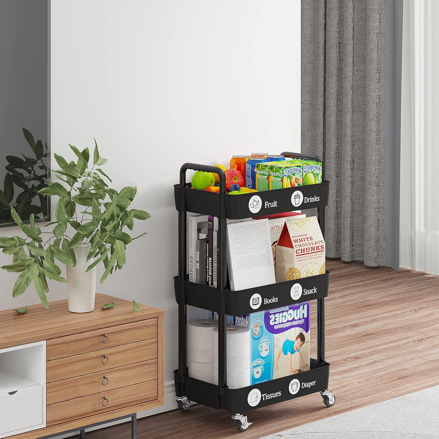 Black 3-Tier Rolling Kitchen Storage Cart with Lockable Wheels