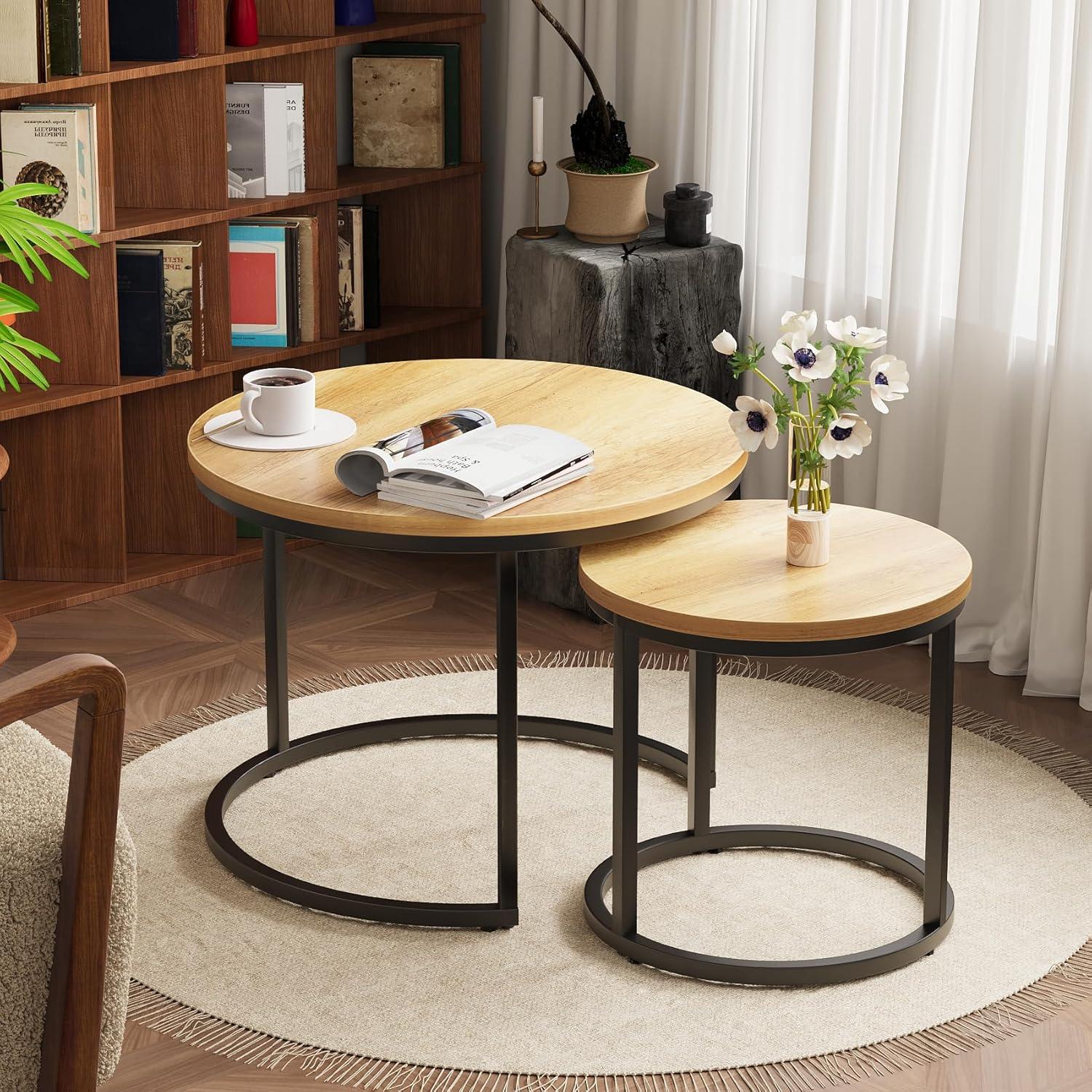 Round Oak Wood Nesting Coffee Table Set with Metal Frame