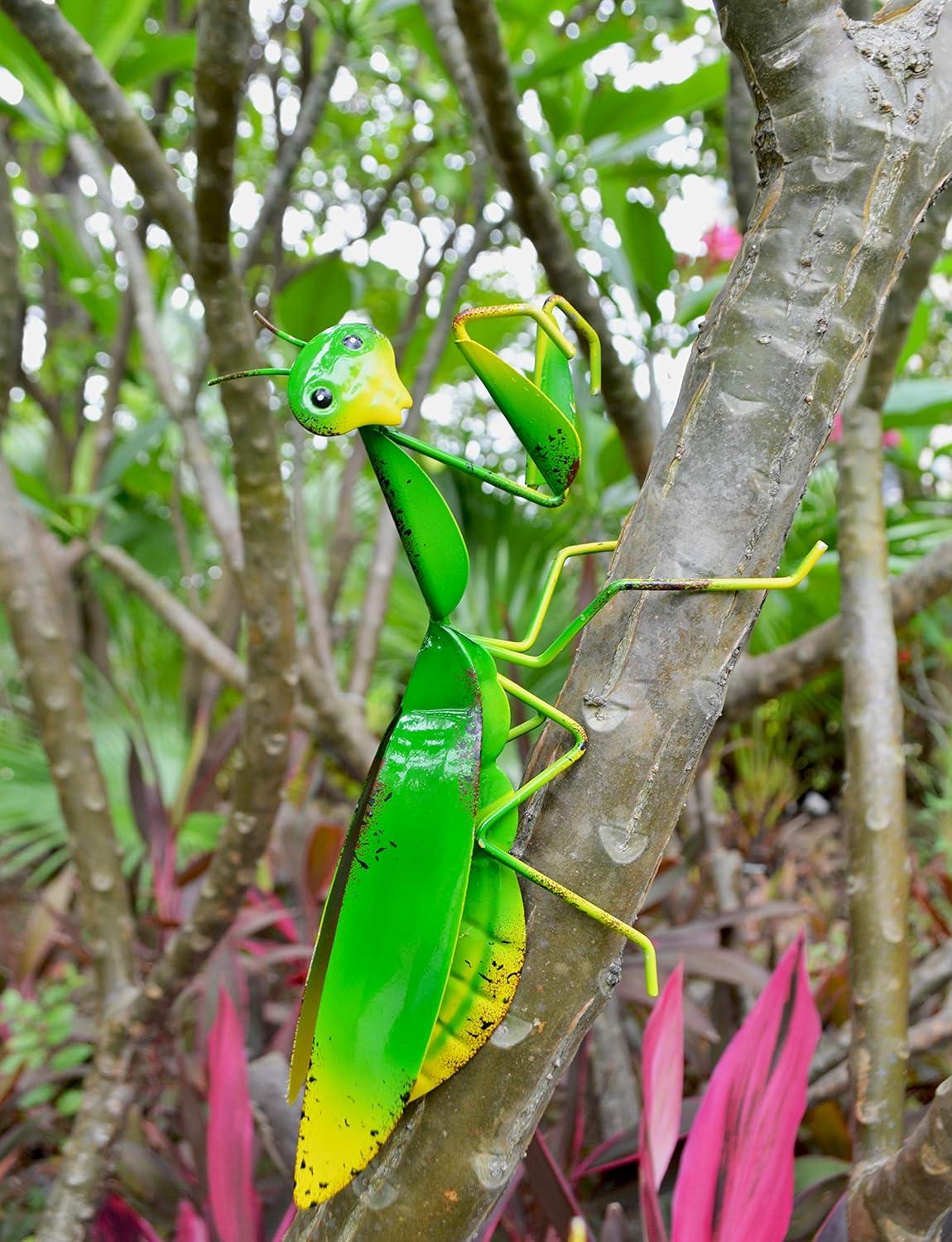 Vibrant Green and Yellow Metal Praying Mantis Garden Decor Set