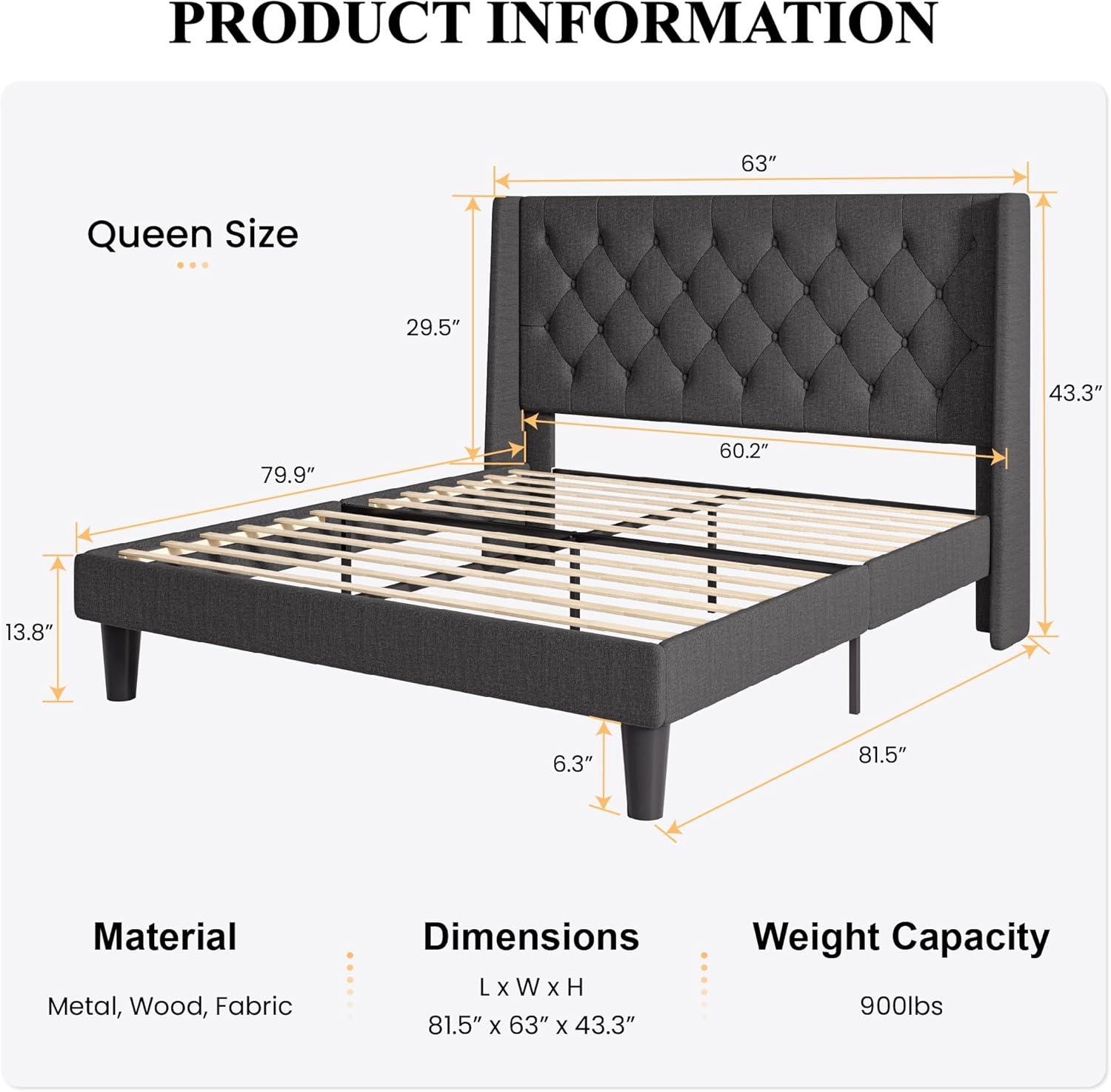 SHA CERLIN Queen Size Platform Bed Frame with Upholstered Headboard and Wingback, Button Tufted Design, Easy Assembly, Dark Grey