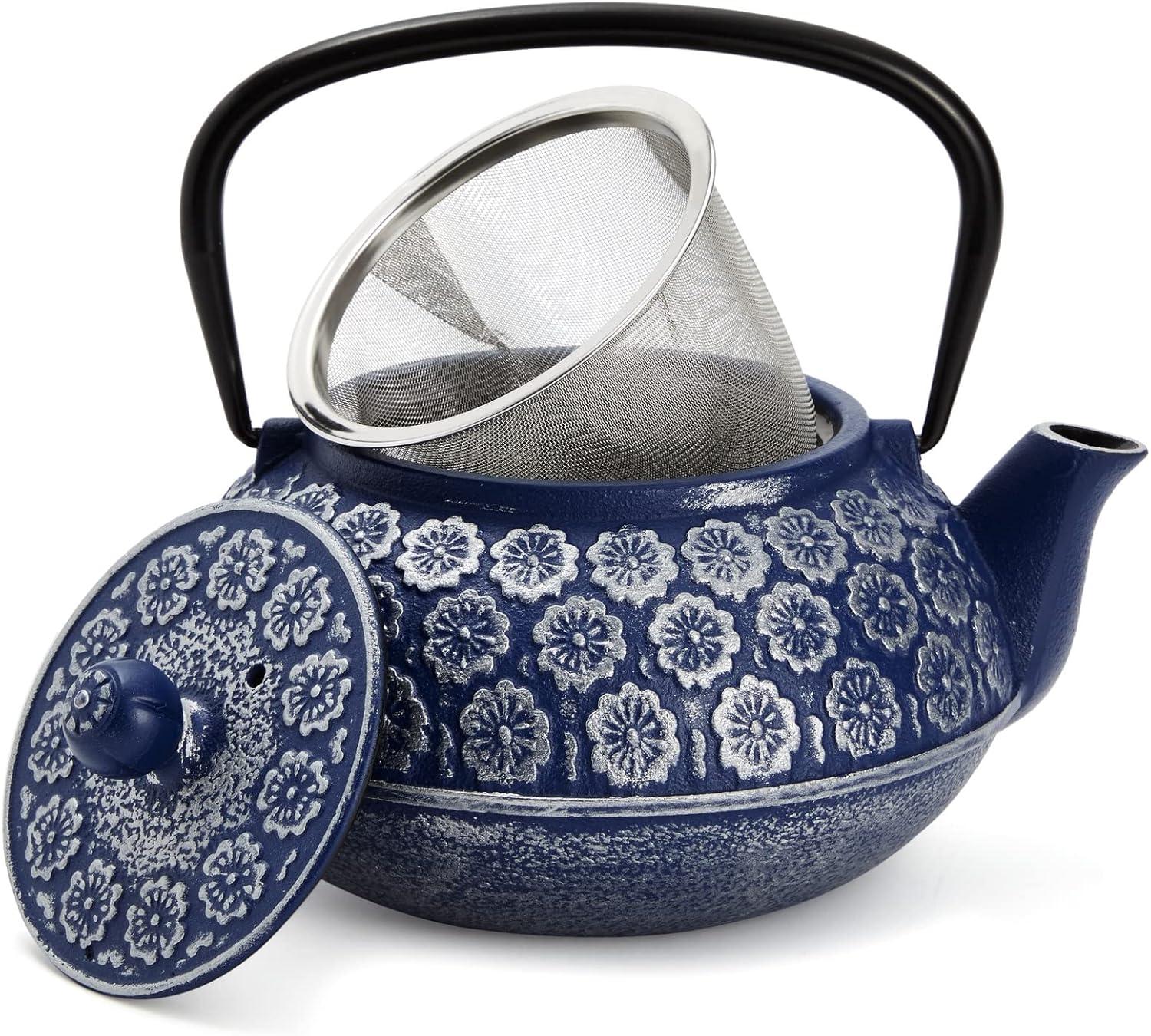 Juvale Cast Iron Tea Pot with Stainless Steel Loose Leaf Infuser, Blue, 34 oz