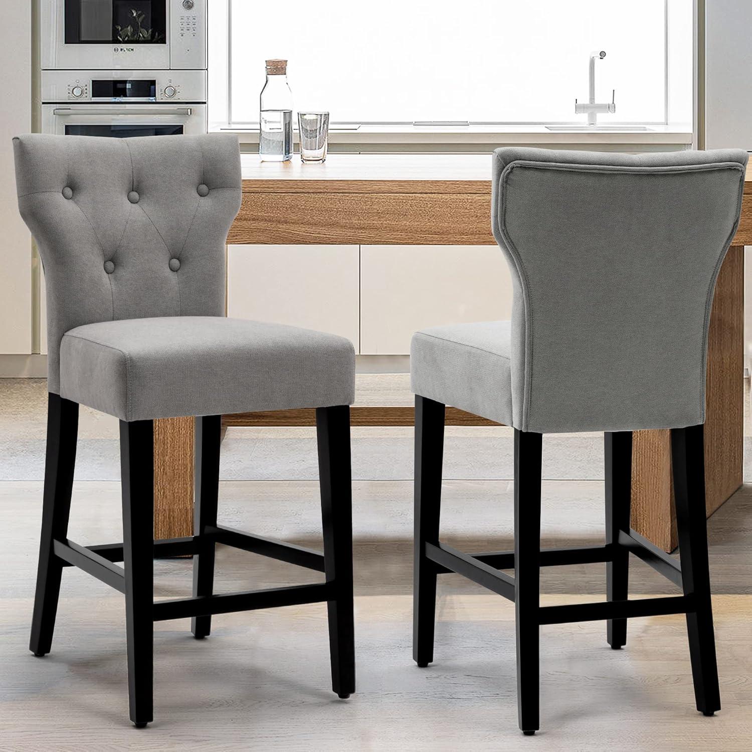 Gray Fabric Button Tufted Counter Height Bar Stools, Set of 2