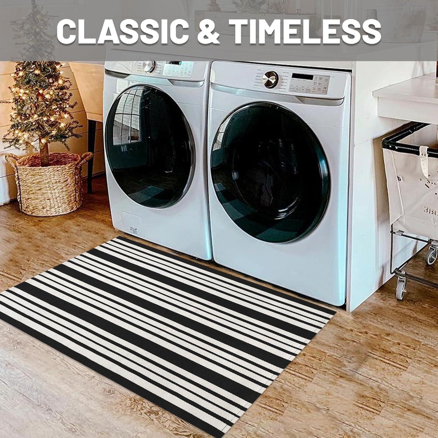 IOHOUZE Navy and White Striped Rug 2'x3' Front Door Rugs, Small Washable Area Rug for Front Porch, Spring Summer Doormats Outdoor Indoor, Cotton Rugs for Entryway Porch Entrance