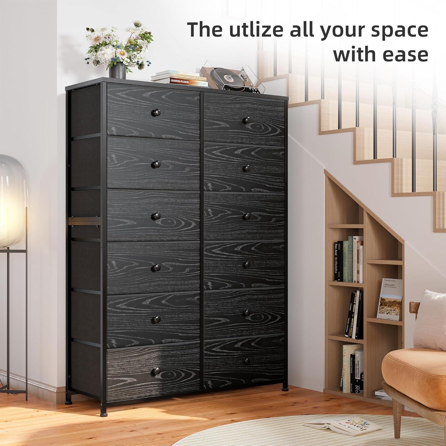 U-SHARE Dresser for Bedroom with 12 Drawers, Tall Dressers for Bedroom Black Dressers & Chests of Drawers for Closet, Living Room, Wood Top, Metal Frame Black