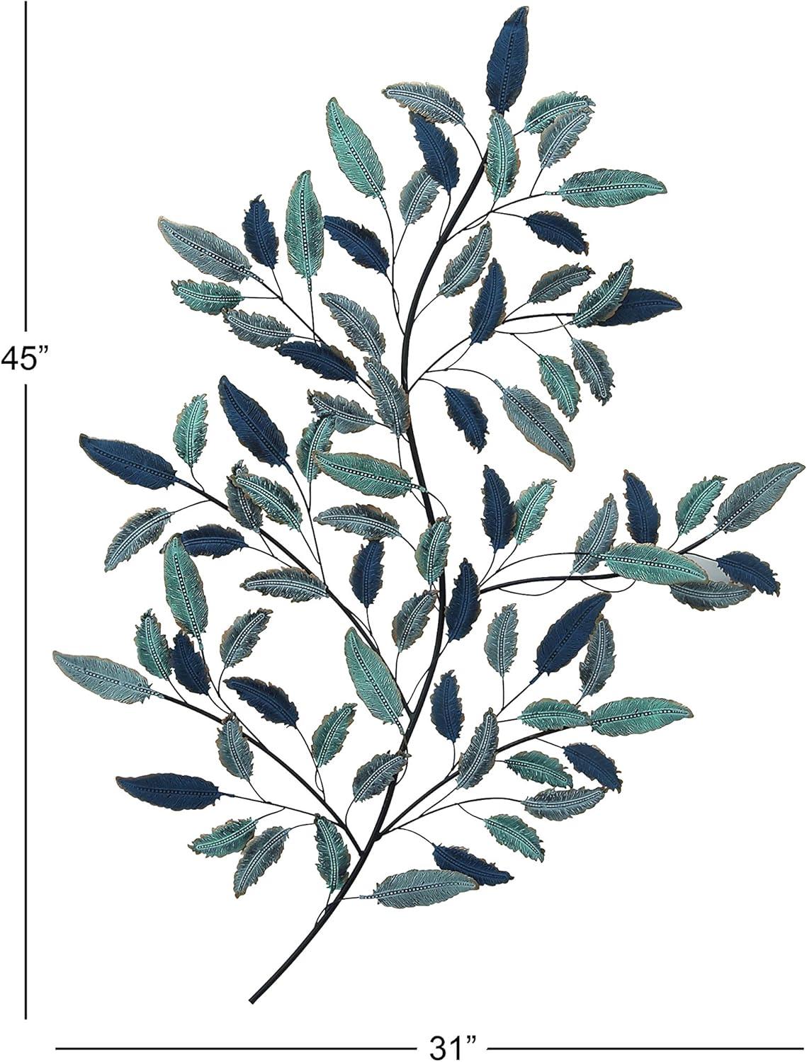 DecMode Blue Metal Leaf Wall Decor with Black Stems