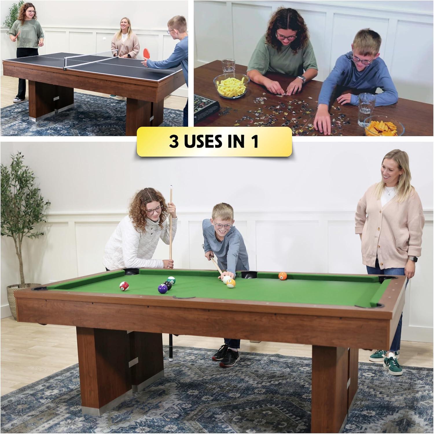 Freetime Fun 7 FT 3 in 1 Multi Game Pool Table with Dining Top Pool Table Ping Pong Table Combo, Includes Pool Table Accessories and Tennis Paddles - SKU RB5900A