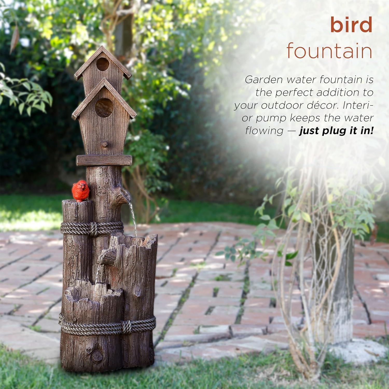 35" Resin Stone Outdoor Fountain Alpine Corporation: Rustic Birdhouse Design, Polyresin & Fiberglass, Weather-Resistant, Electric Pump