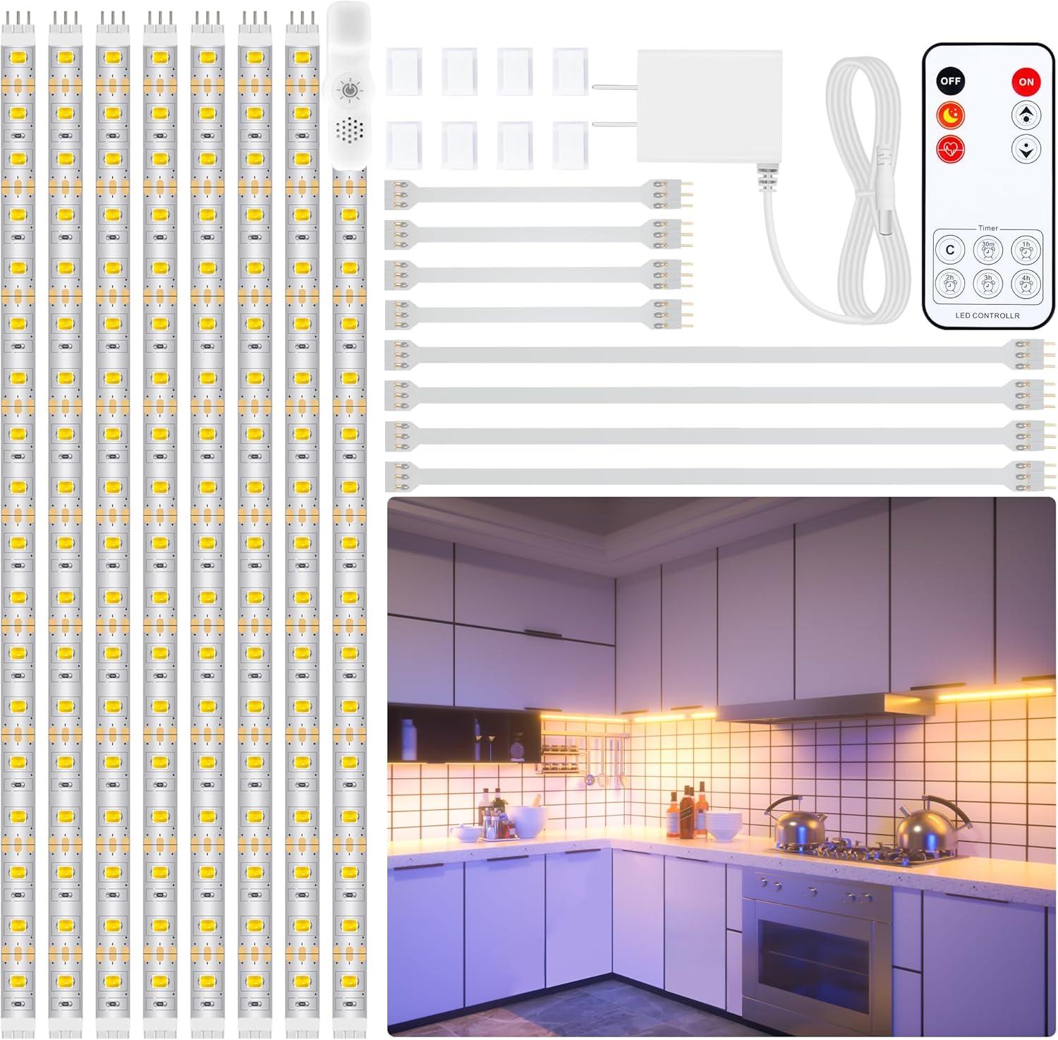 Led Under Cabinet Lighting Kit, 8 PCS Warm White Flexible Led Strip Lights with RF Remote and Power Adapter, for Kitchen Cabinet Shelf Desk Counter Corner, 8 Strips with Connecting Wires, 27