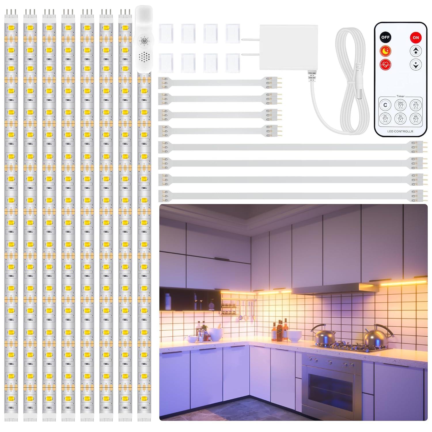 Led Under Cabinet Lighting Kit, 8 PCS Warm White Flexible Led Strip Lights with RF Remote and Power Adapter, for Kitchen Cabinet Shelf Desk Counter Corner, 8 Strips with Connecting Wires, 27