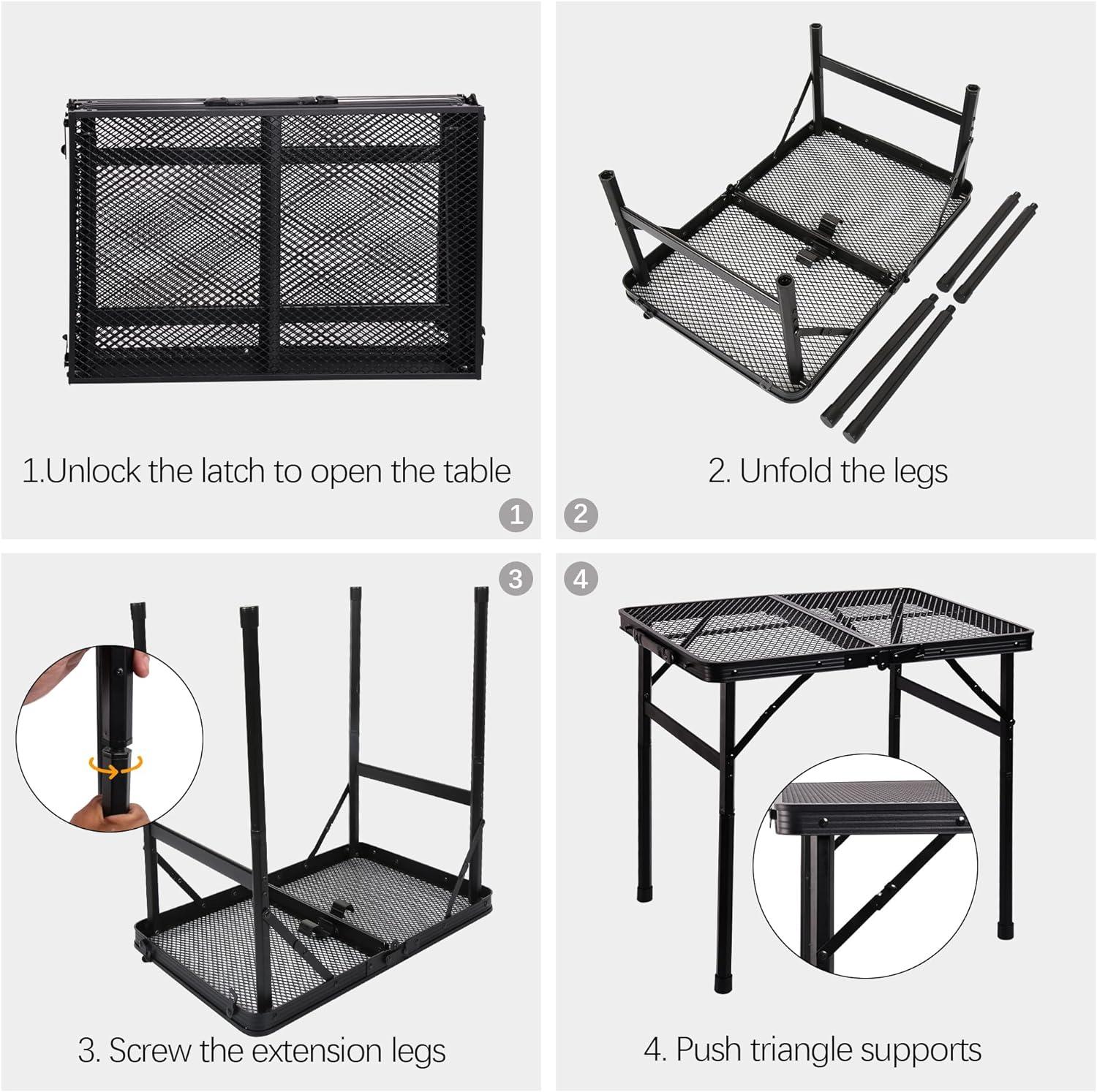 Black Aluminum Folding Camping Grill Table with Adjustable Height