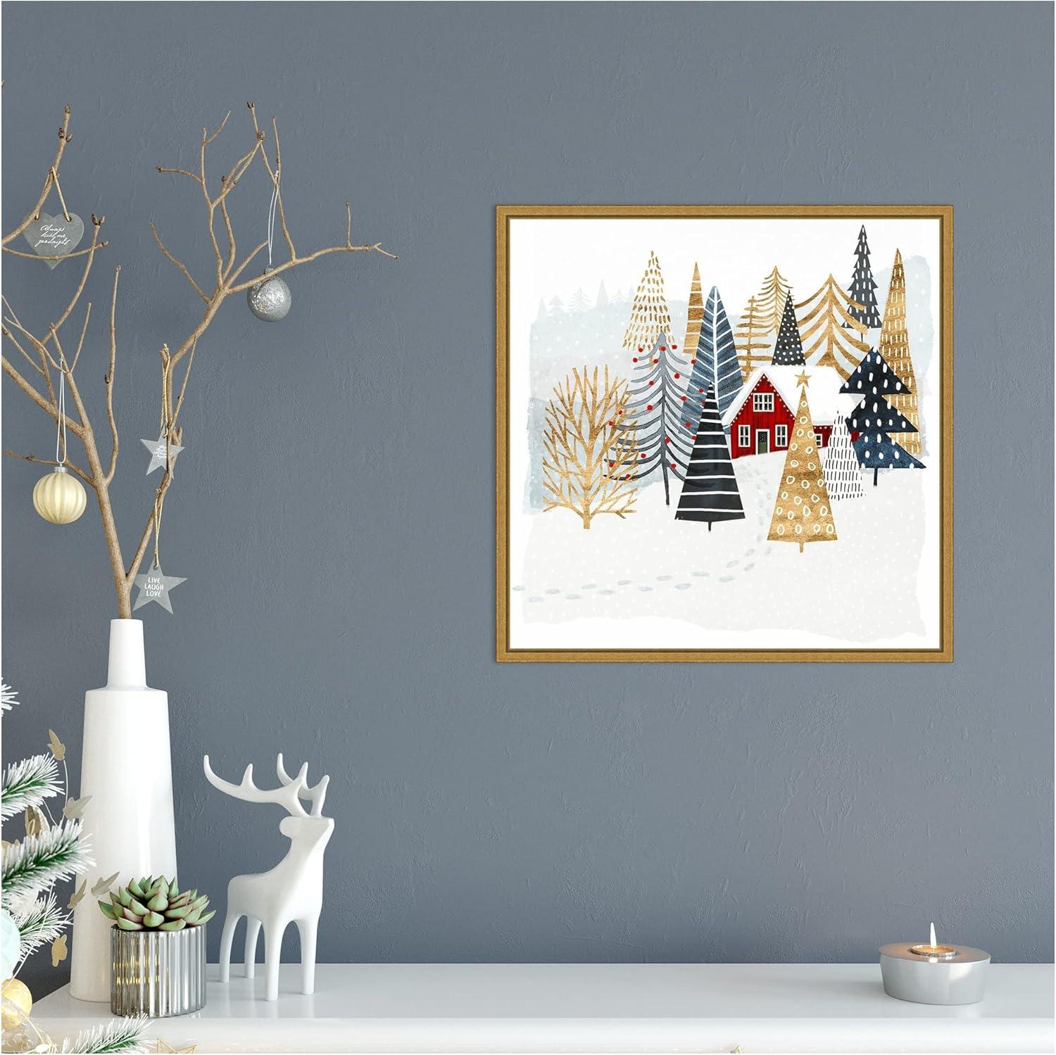 Christmas Chalet Red Cabin Canvas Print with Gold Frame