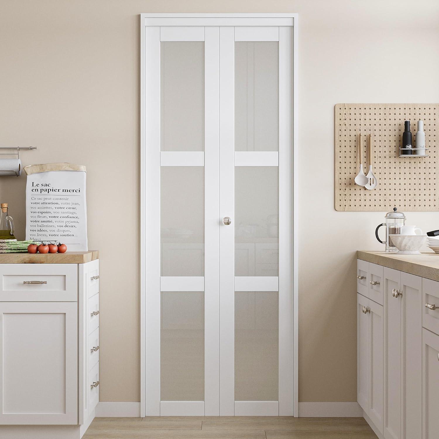 EASELIFE Frosted Glass And Solid Manufactured Wood Bi-Fold Door With Installation Hardware Kit