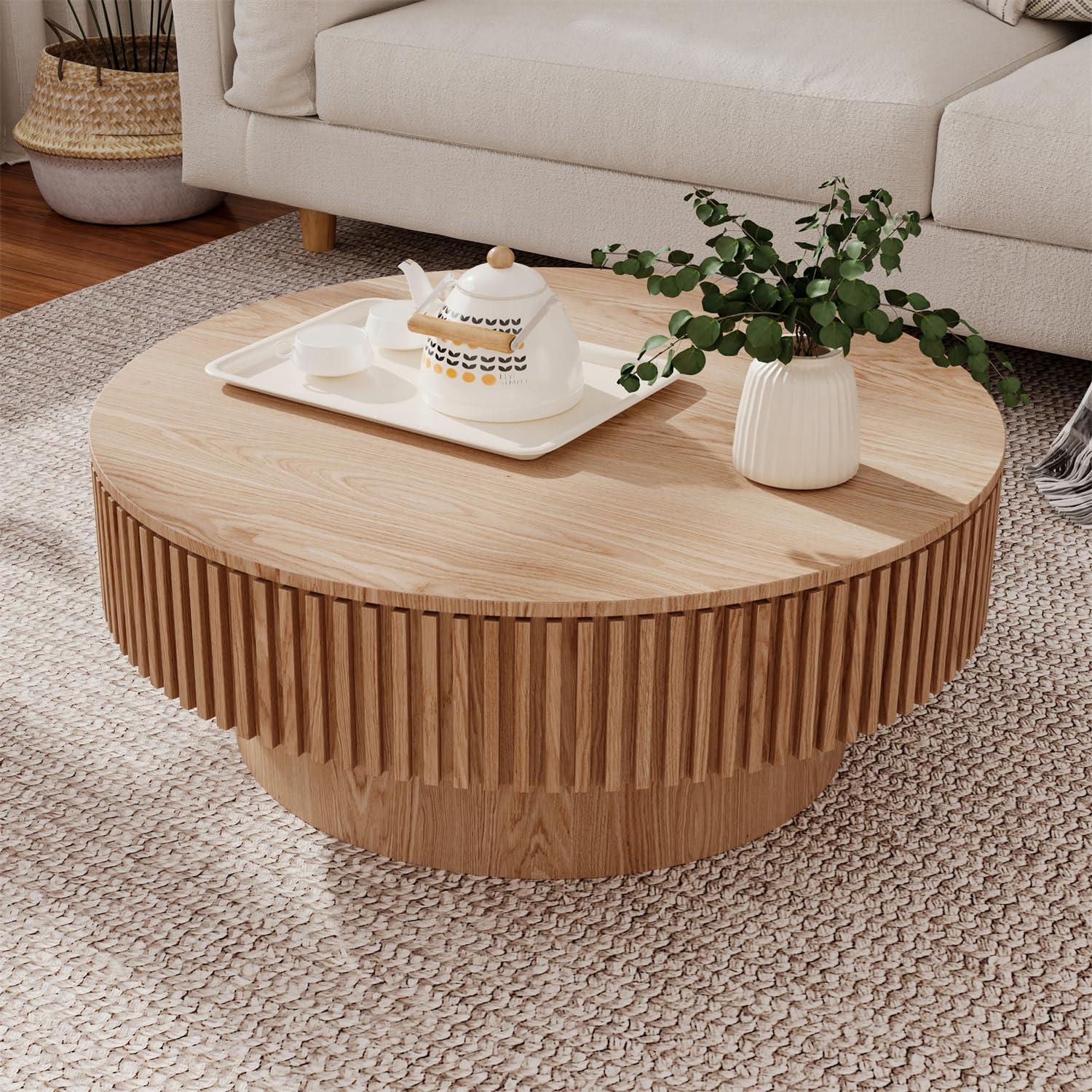 HomVent 31.5'' Round Coffee Table with Storage, Modern Wooden Coffee Table with Solid Wood Veneered, Circle Center Table Accent Tea Table for Living Room, Small Space, Apartment