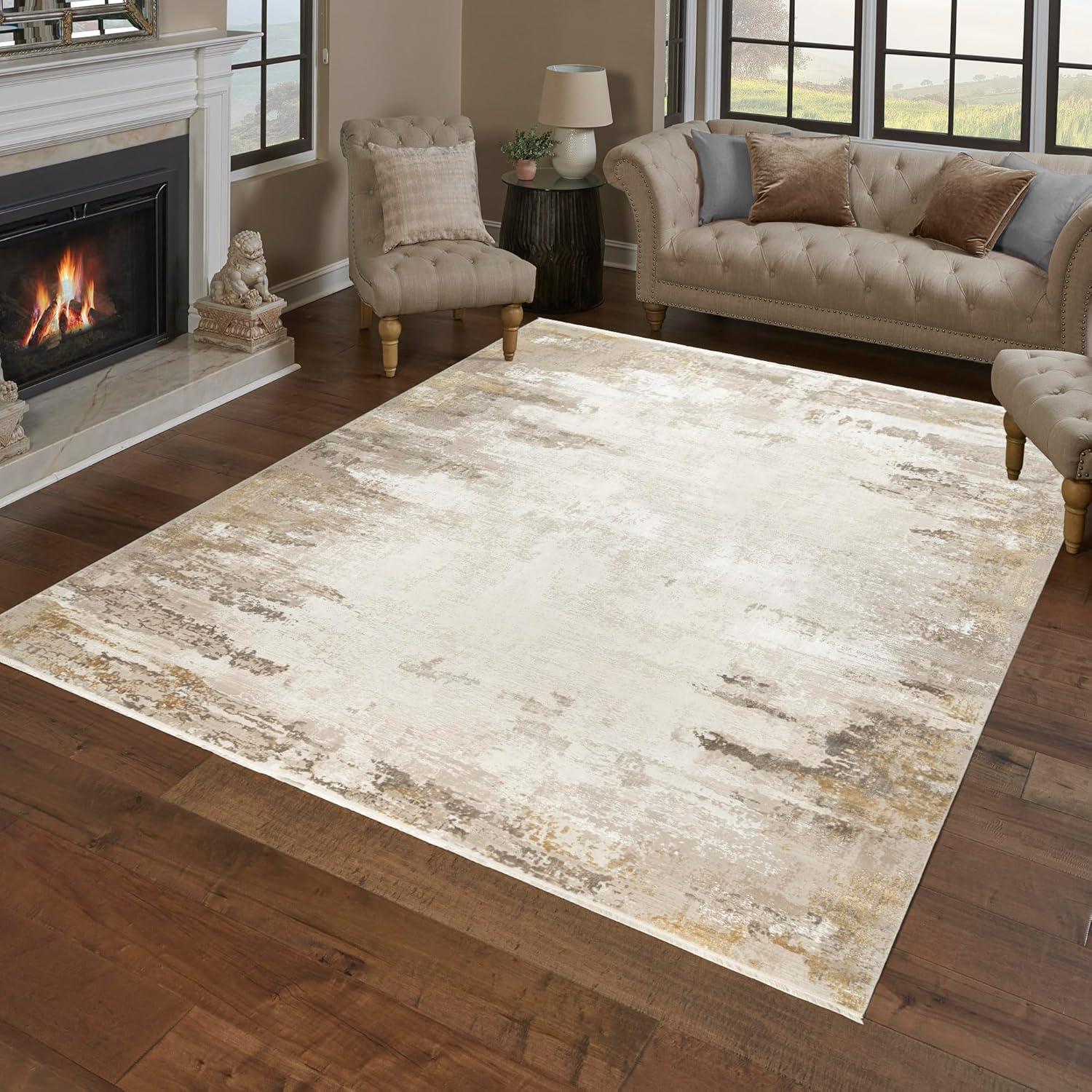Gertmenian Florance Gela Modern Abstract Beige/Gold High-Low Viscose/Acrylic Area Rug