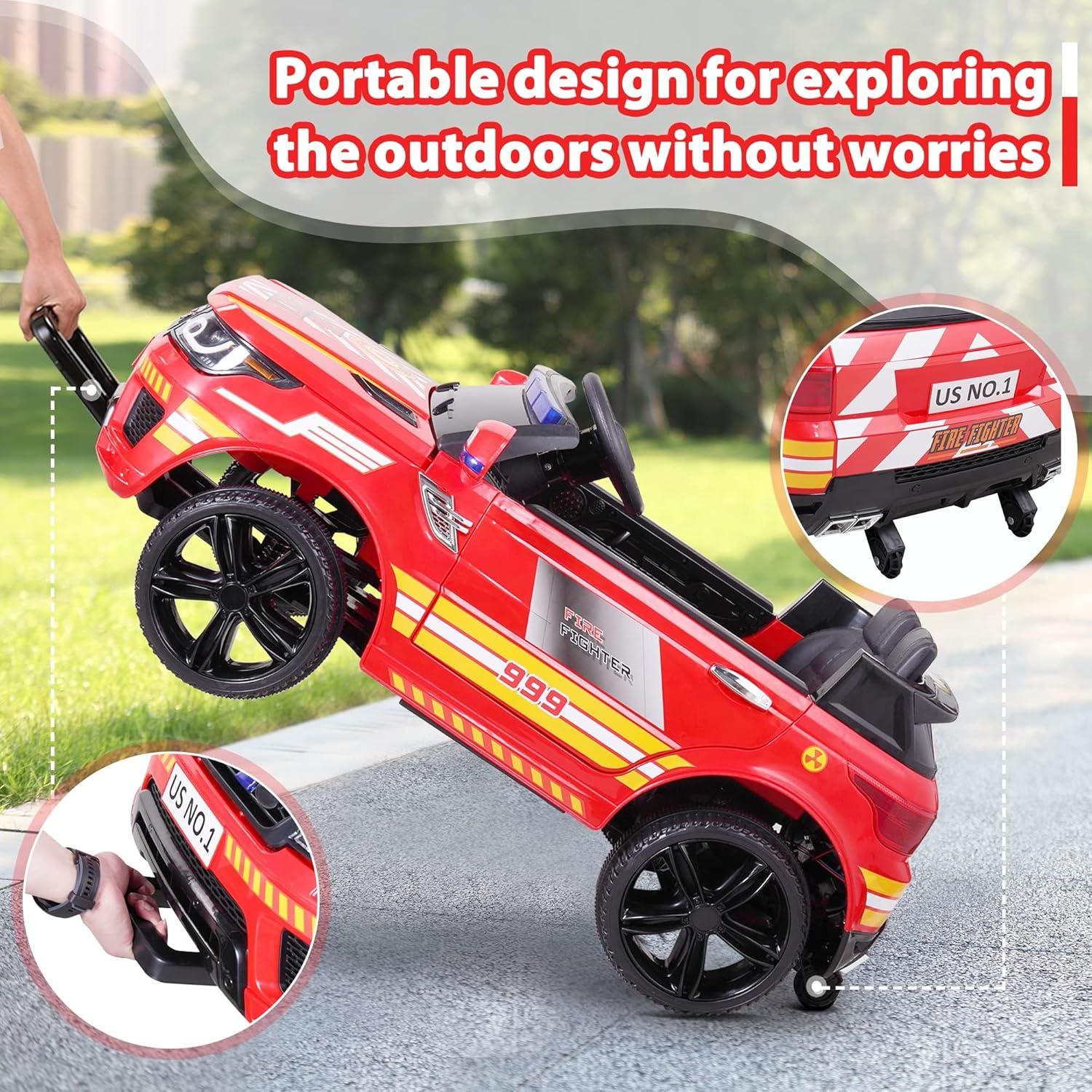 Immere 12V Fire Truck Ride on Battery Powered Electric Kids Car with Parental Remote Control, Siren, Flashing Lights, Music, Spring Suspension, Red