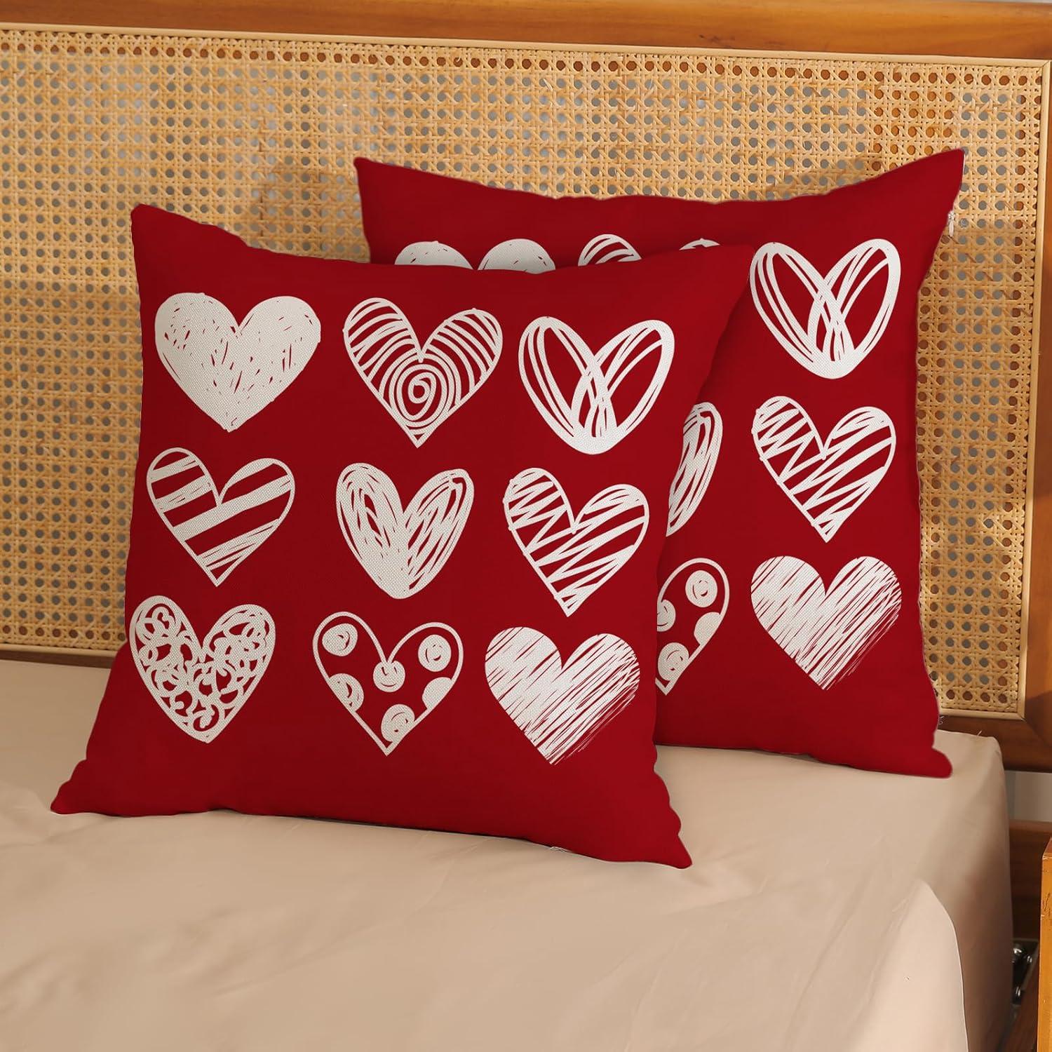 Red and White Polyester Valentine's Day Heart Pillow Covers 18x18 Inch Set