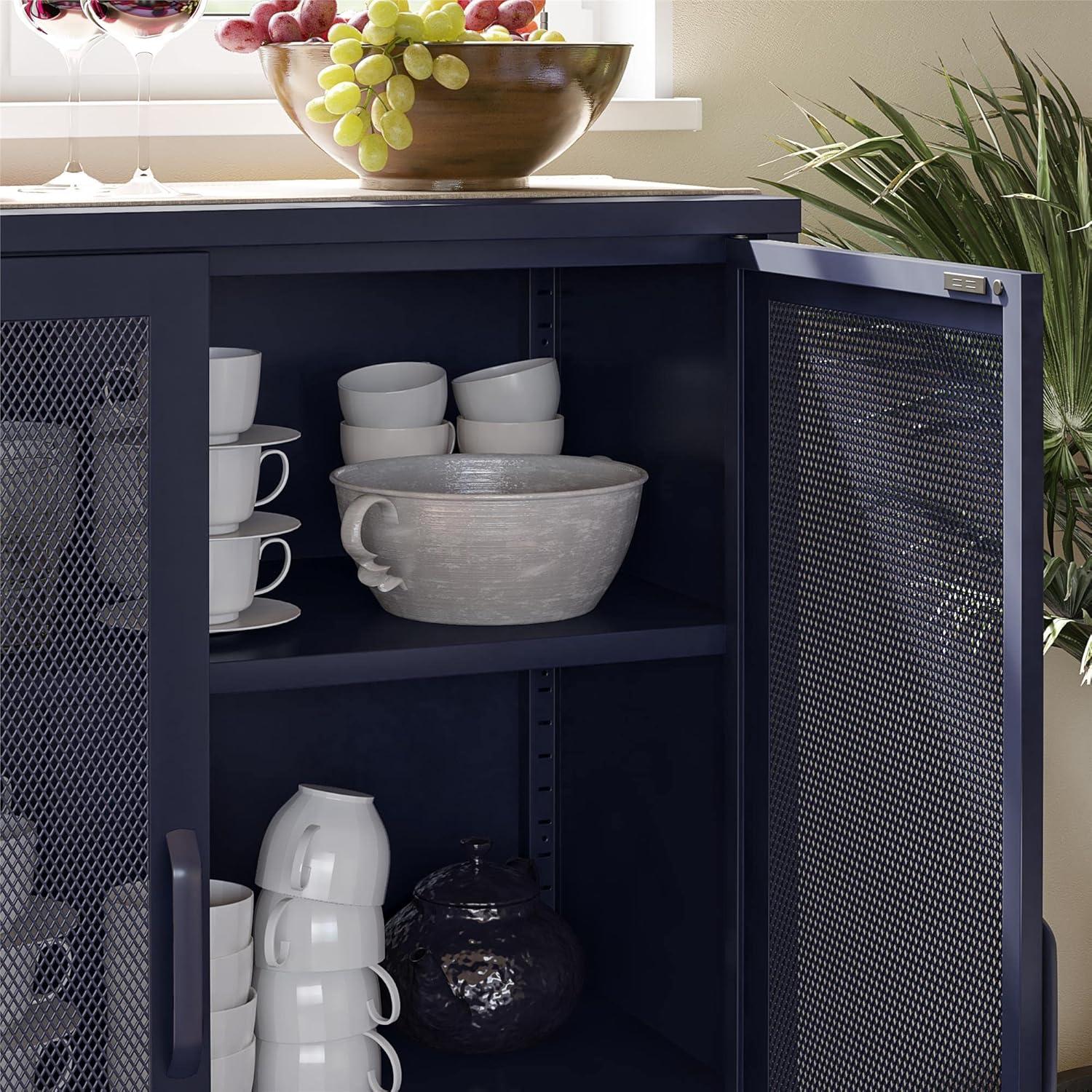 Navy Metal Mesh 2-Door Adjustable Shelving Accent Cabinet