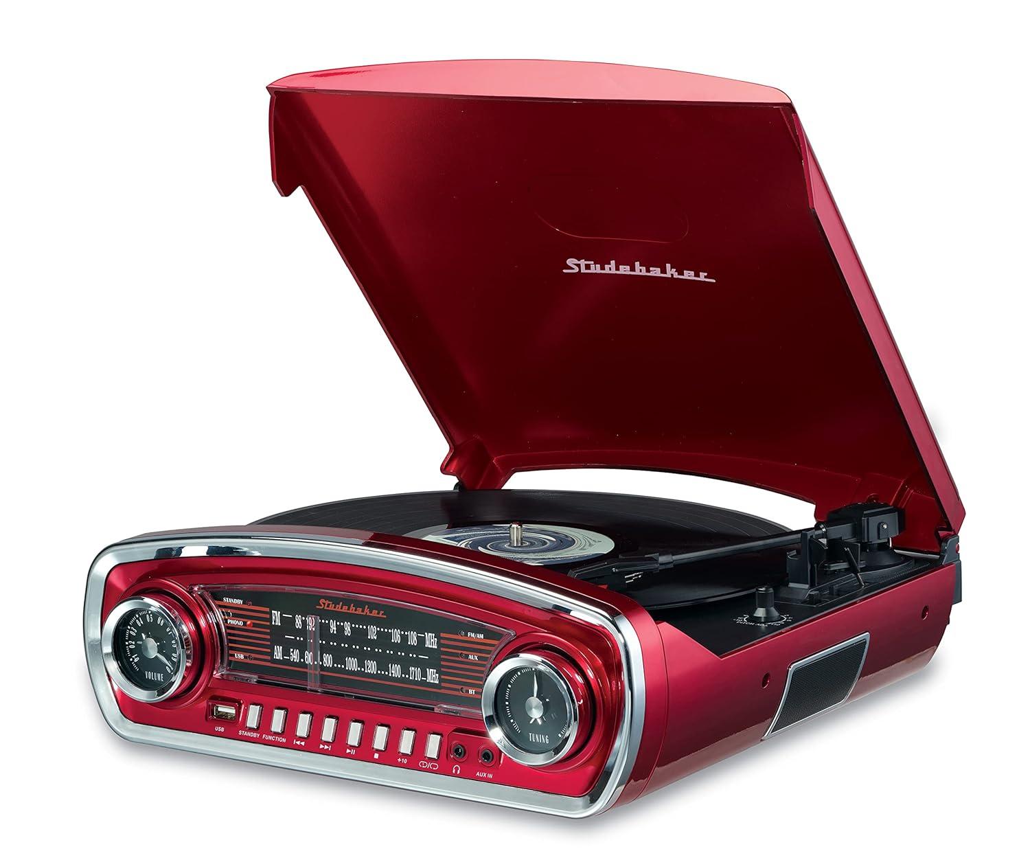 Studebaker 3-Speed Pitch Control Turntable with Bluetooth Receiver and Radio - Red (SB6057R)