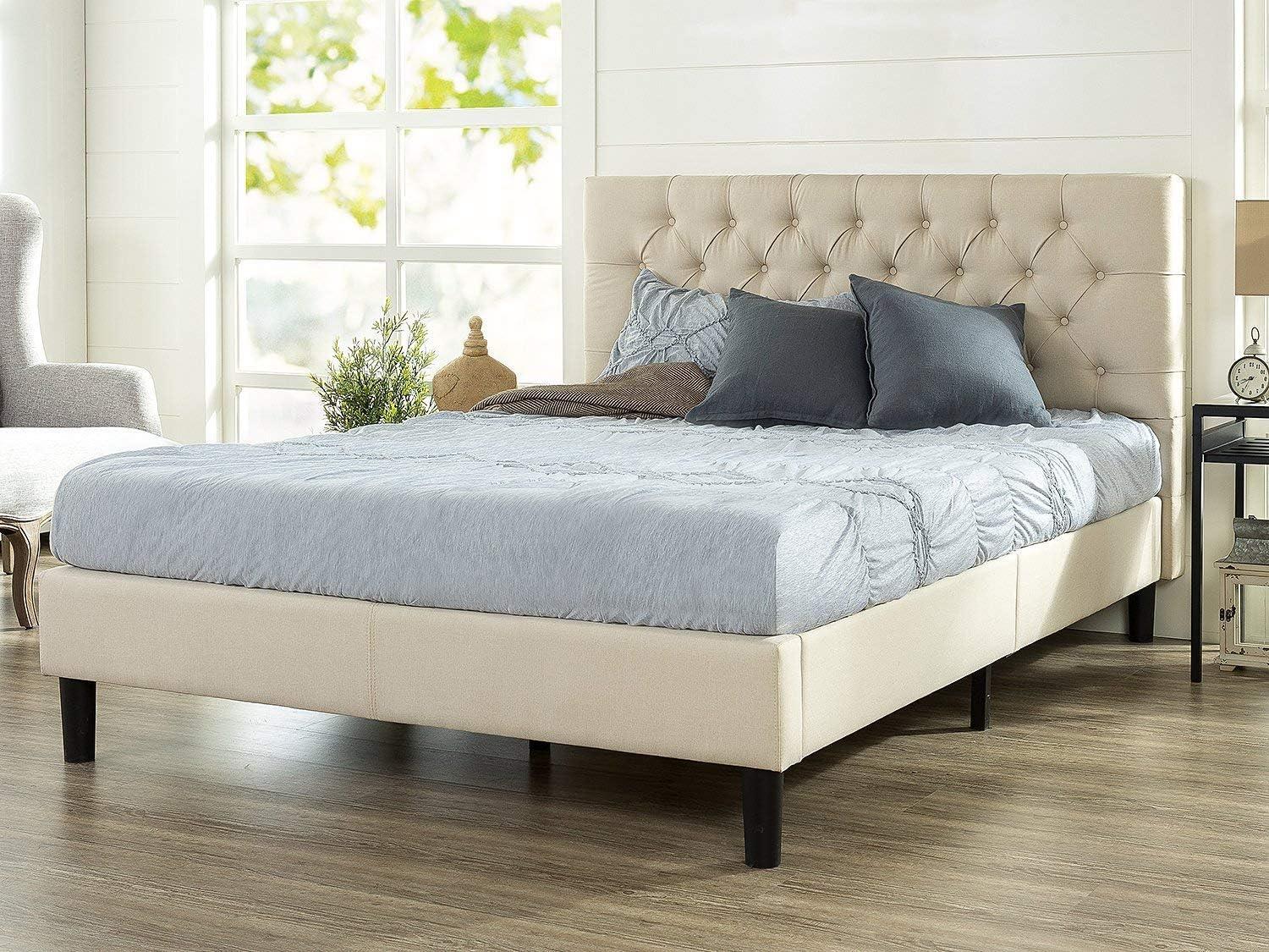 Beige Queen Upholstered Platform Bed with Tufted Headboard