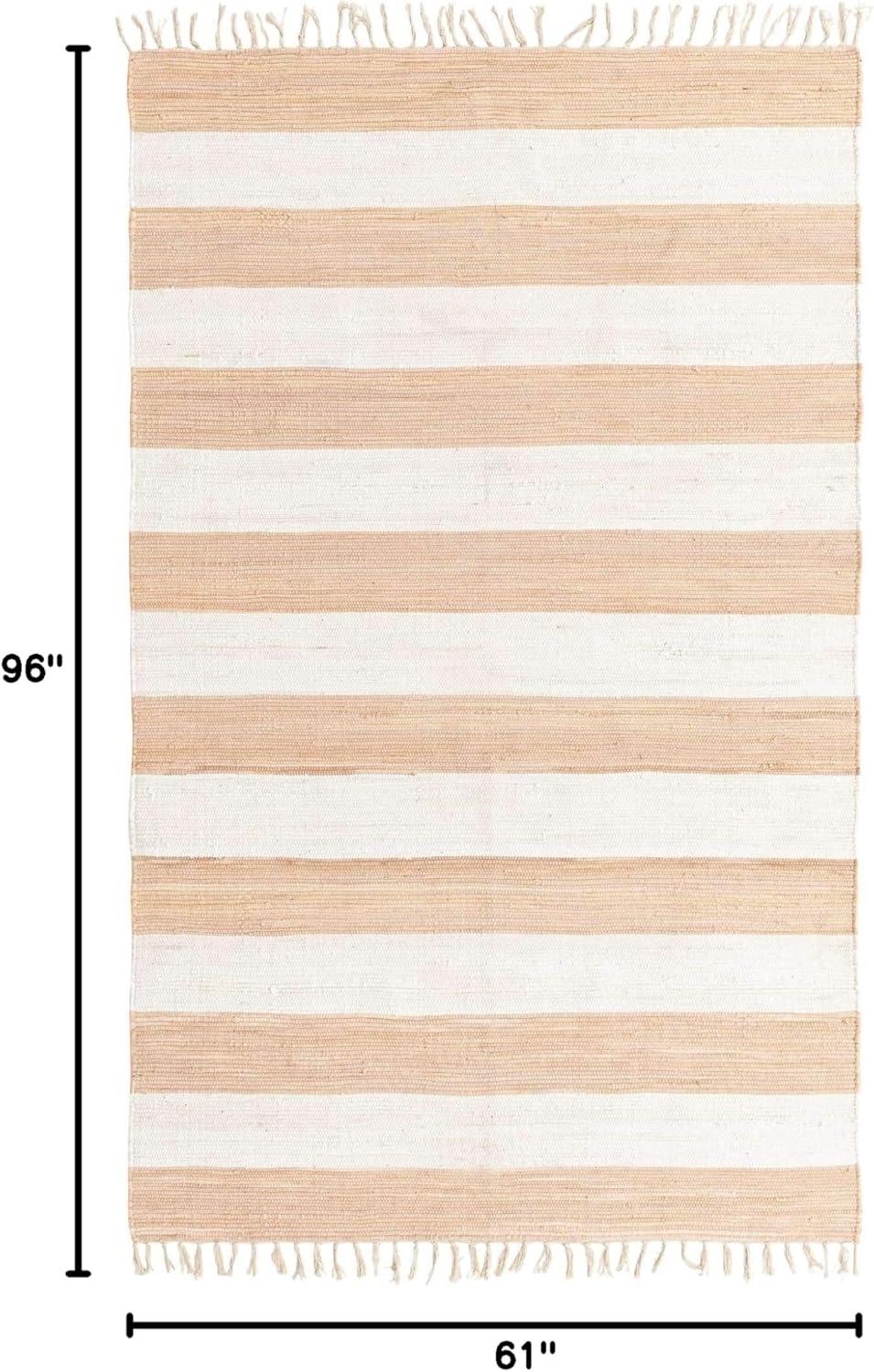 Unique Loom Striped Chindi Rag Rug Beige/Ivory 5' 1" x 8' Rectangle Hand Made Striped Modern Perfect For Living Room Bed Room Dining Room Office