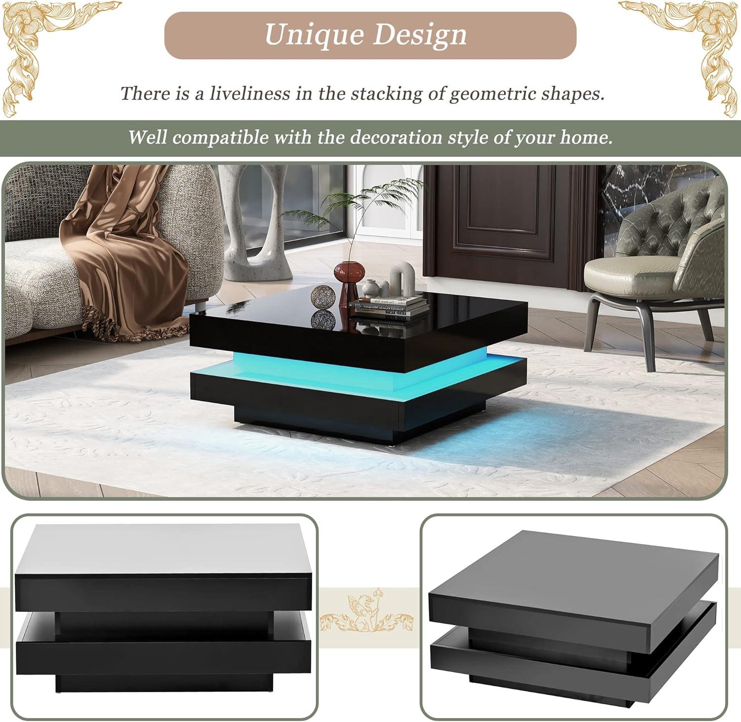 Modern Coffee Table, 2-Tier Square Coffee Table with Plug-in 16-Color LED Lights, High Gloss Coffee Table, Center Table for Living Room, 31.5”x31.5”x14.2”, Black