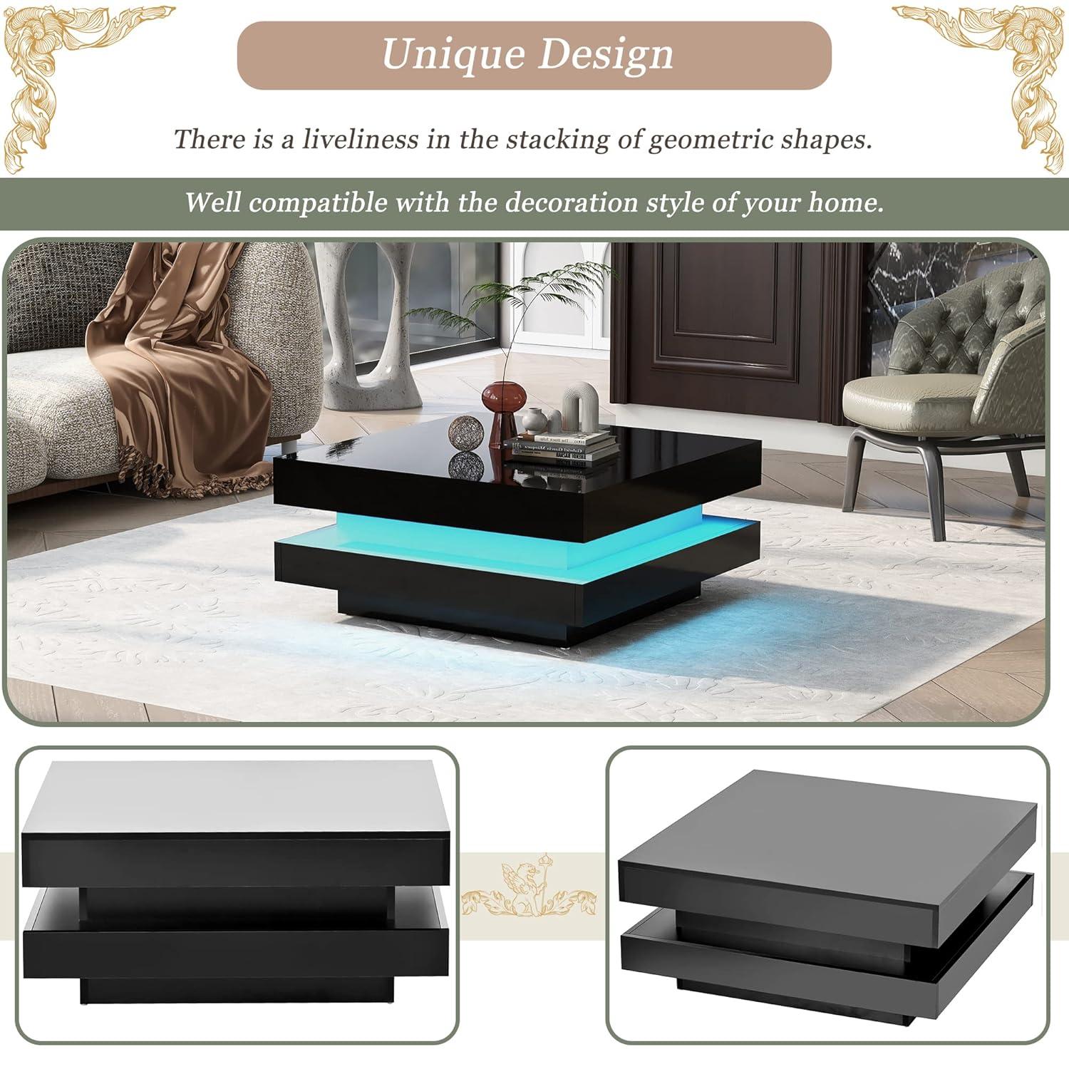 Modern Coffee Table, 2-Tier Square Coffee Table with Plug-in 16-Color LED Lights, High Gloss Coffee Table, Center Table for Living Room, 31.5”x31.5”x14.2”, Black