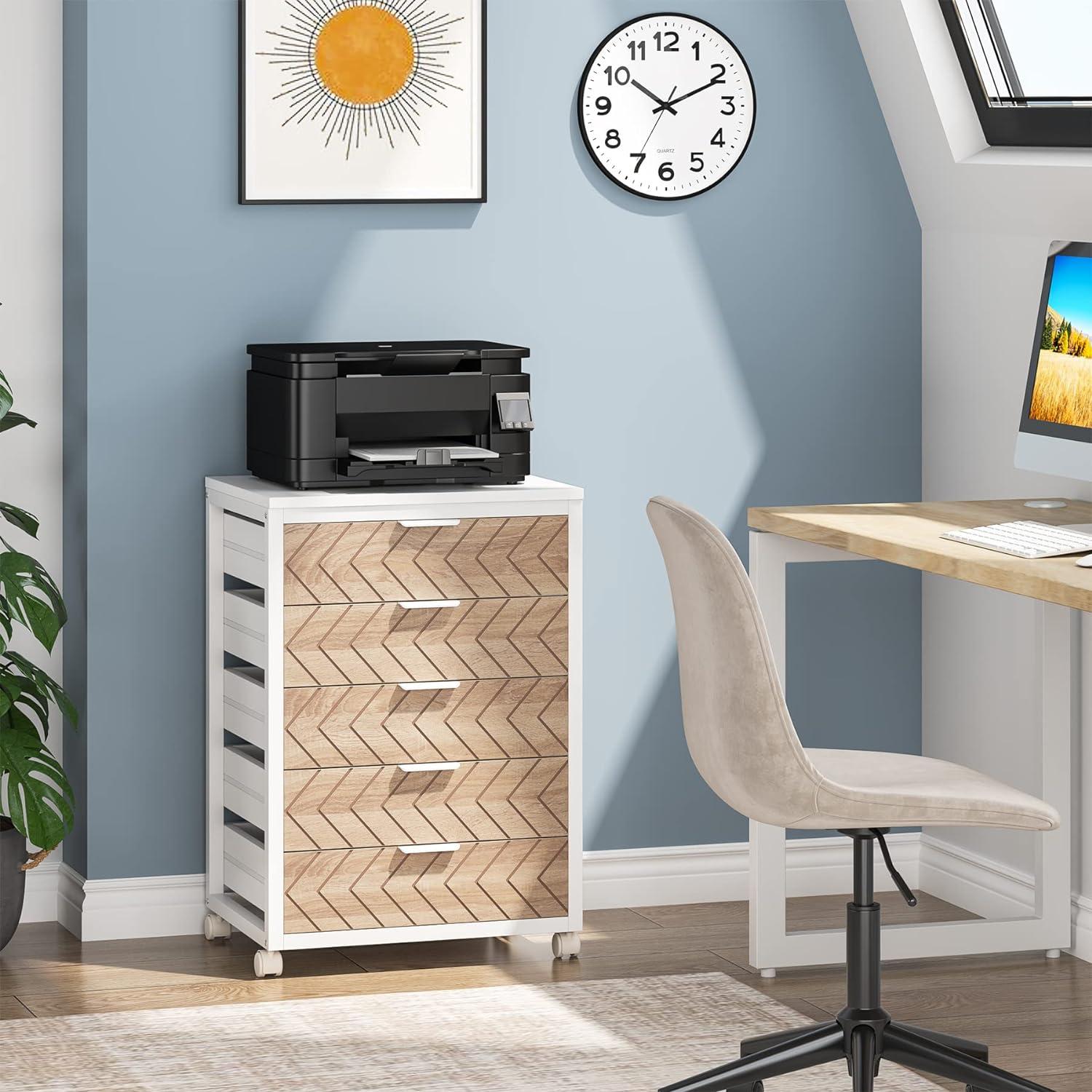 Tribesigns 5 Drawer Chest, Wood Storage Dresser Cabinet with Wheels, Industrial Storage Drawer Organizer Cart for Office Bedroom Entryway, White