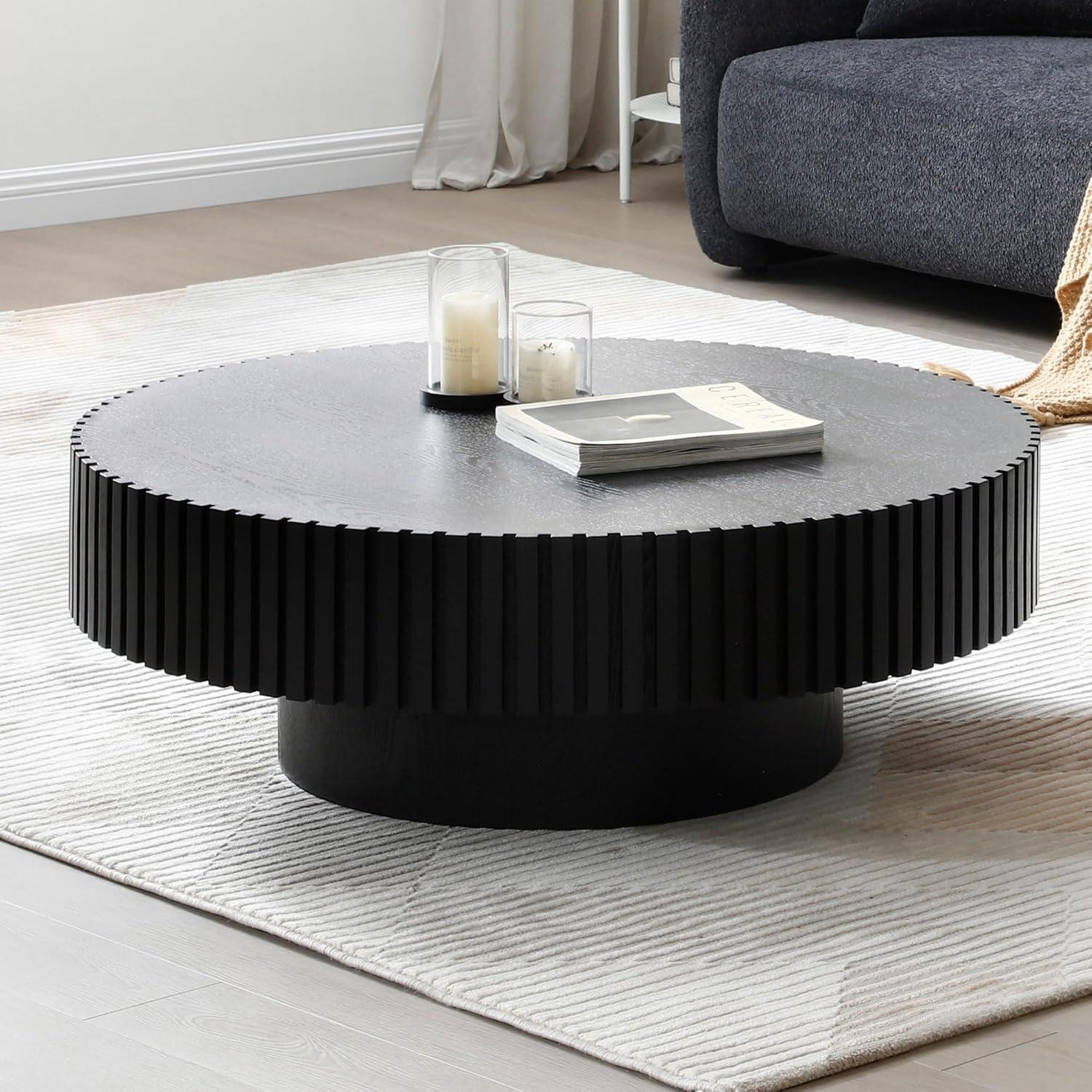 LUMISOL Round Coffee Table for Livng Room, Modern Handcraft Drum Center Table with Sturdy Pedestal, Fluted Circle End Table for Office, Apartment, Small Space, Black
