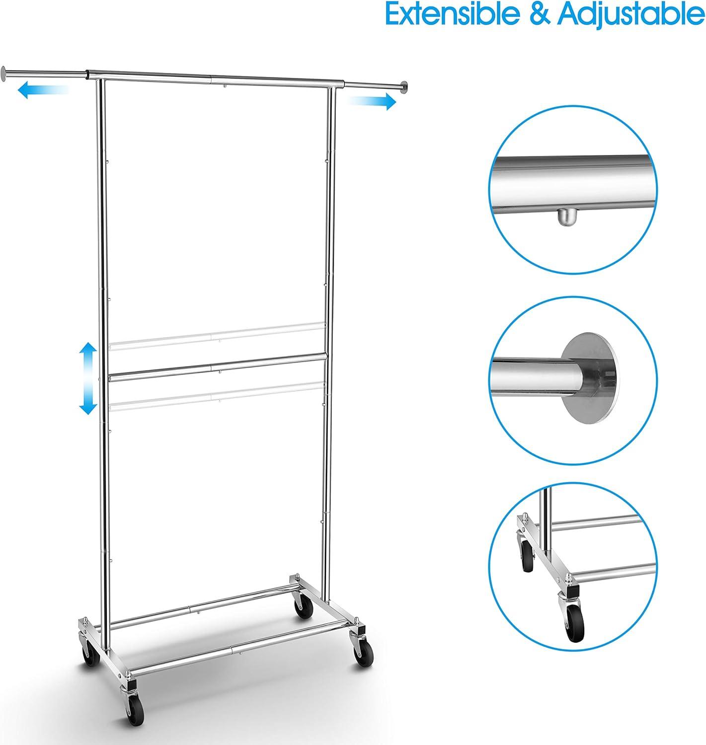 Chrome Double Rod Rolling Garment Rack with Adjustable Height