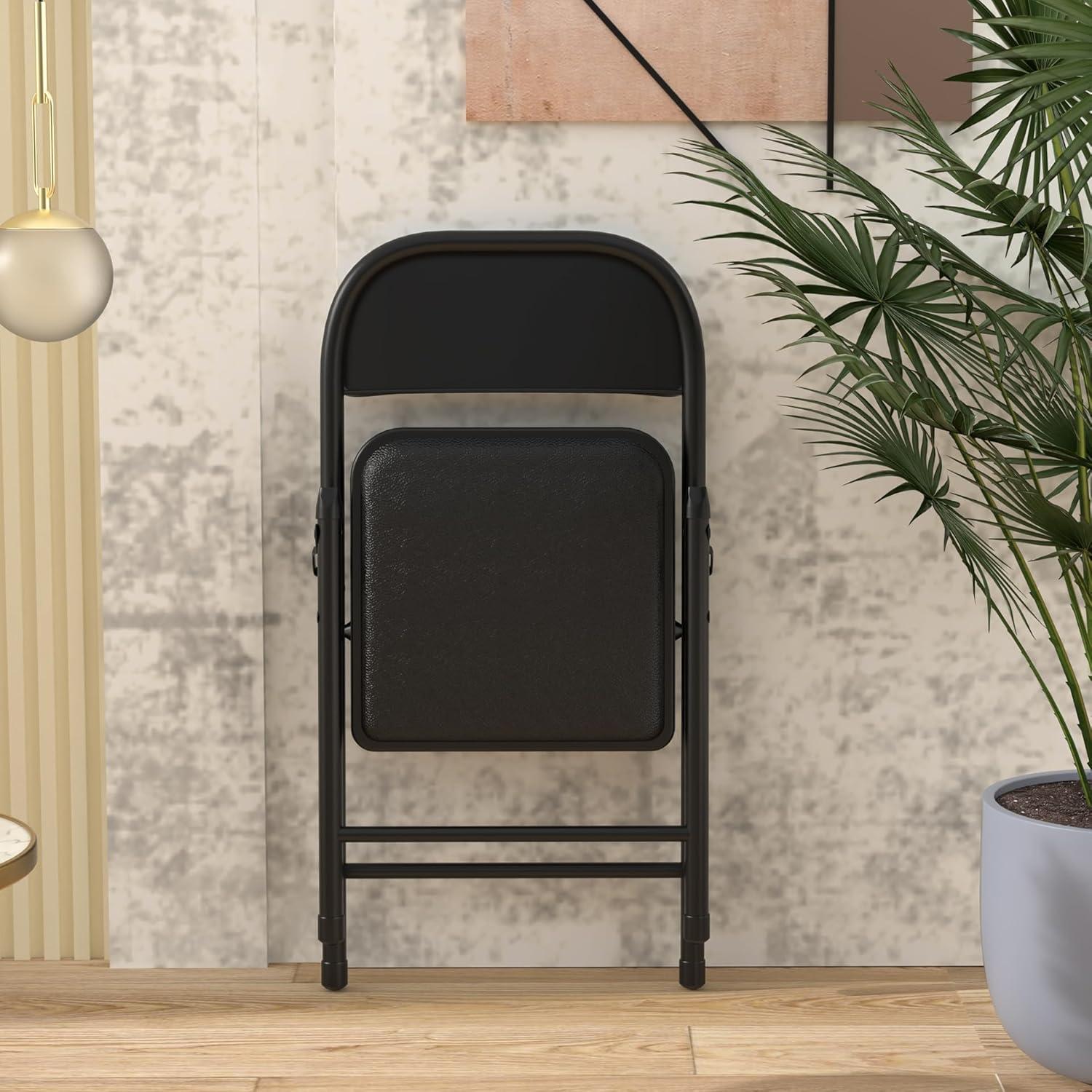 Black Metal Folding Dining Chairs with Cushions, Set of 2