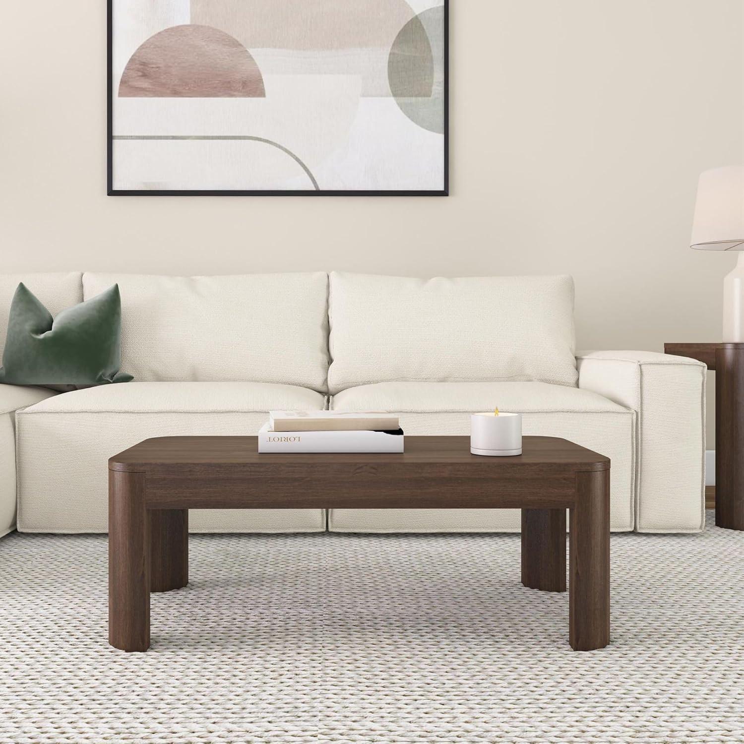 Walnut Pinewood Rectangular Coffee Table with Rounded Edges