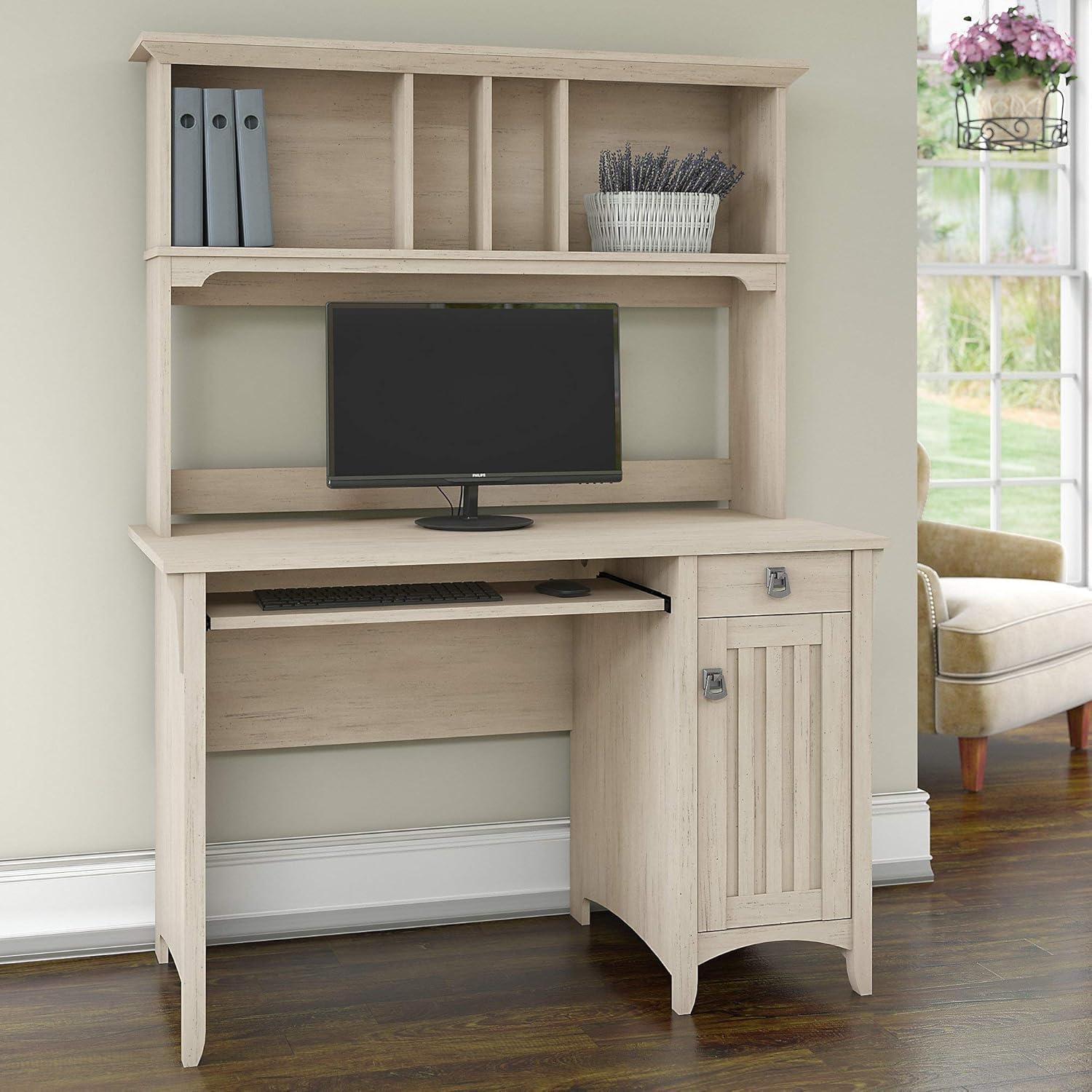 Transitional Antique White Wood Desk with Hutch and Keyboard Tray