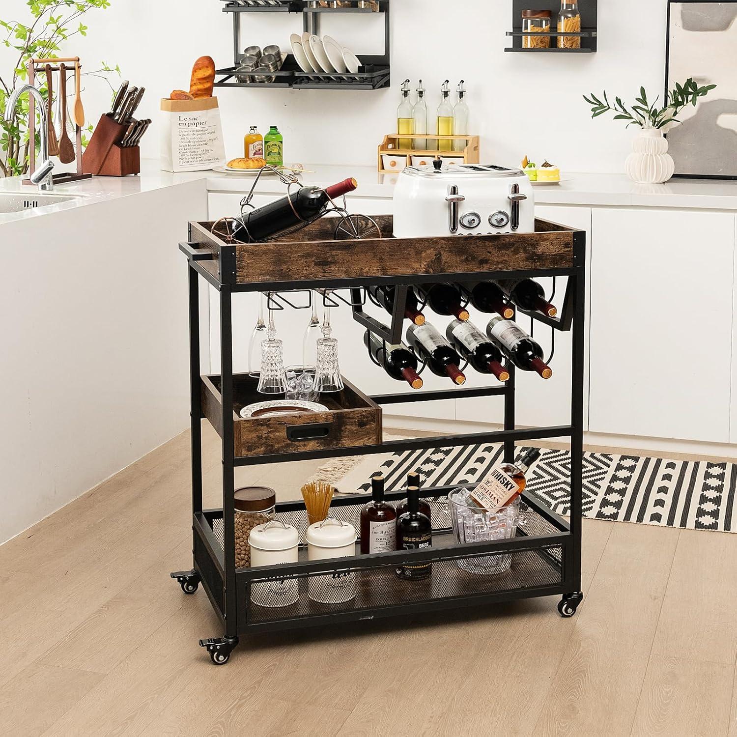 Giantex -Tier Rolling Bar Cart, Industrial Buffet Serving Trolley Cart w/Wine Rack, Stemware Rack & Removable Tray, Mobile Liquor Beverage Cart