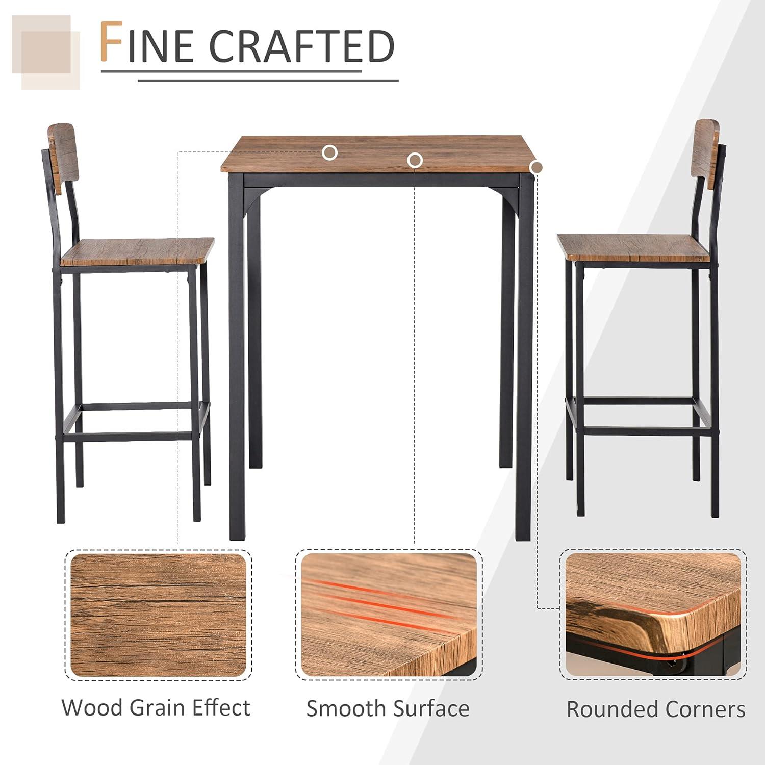 17 Stories 3 Piece Square Industrial Small Dining Table Set, Bar Table and Chairs Set, Rustic Brown and Black