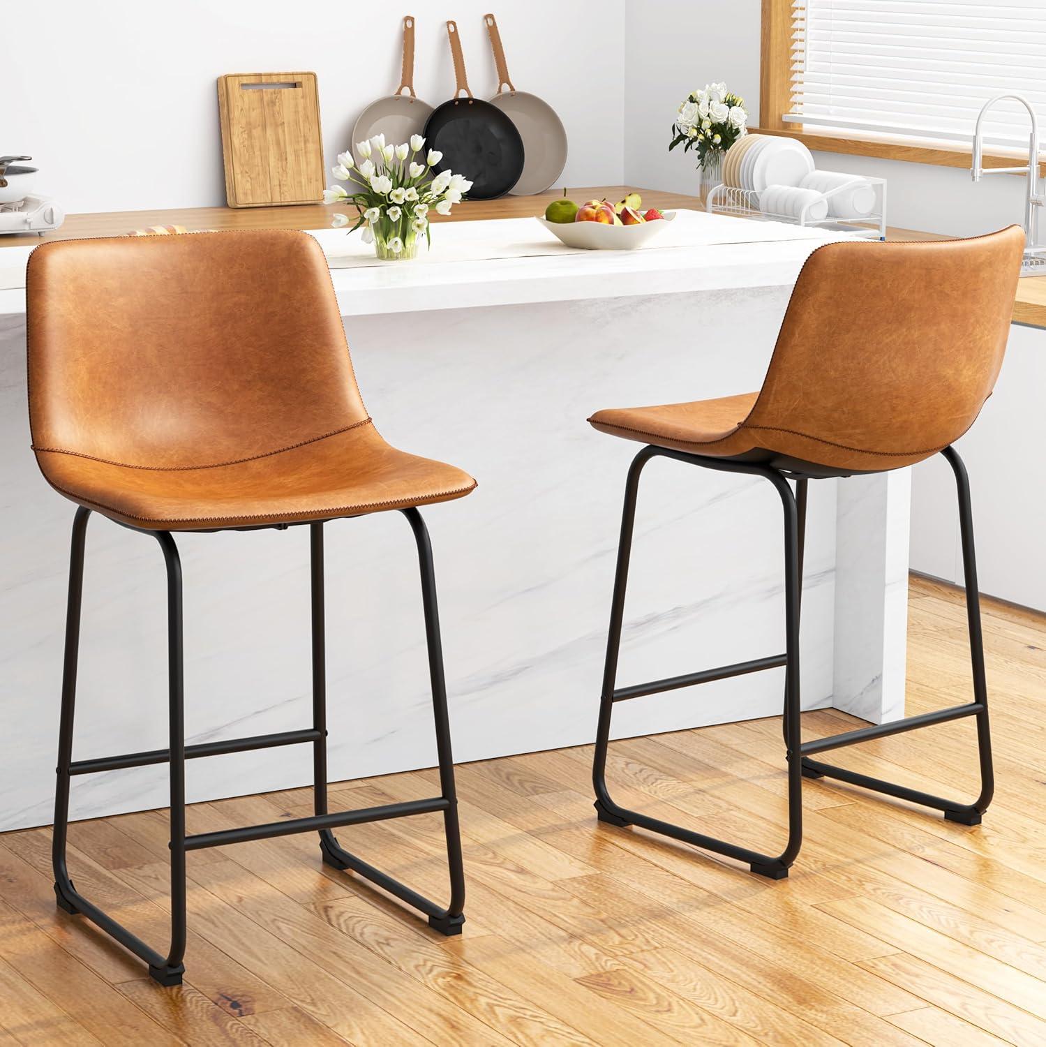 WM 26 inch Counter Height Bar Stools Set of 4, Modern Faux Leather High Barstools with Back and Metal Leg, Bar Chairs for Indoor & Outdoor, Brown