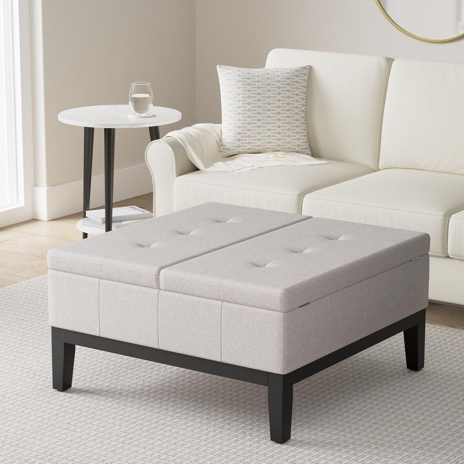 Simpli Home Dover 36"W Upholstered Square Coffee Table Storage Ottoman with Split Tufted Lift Top