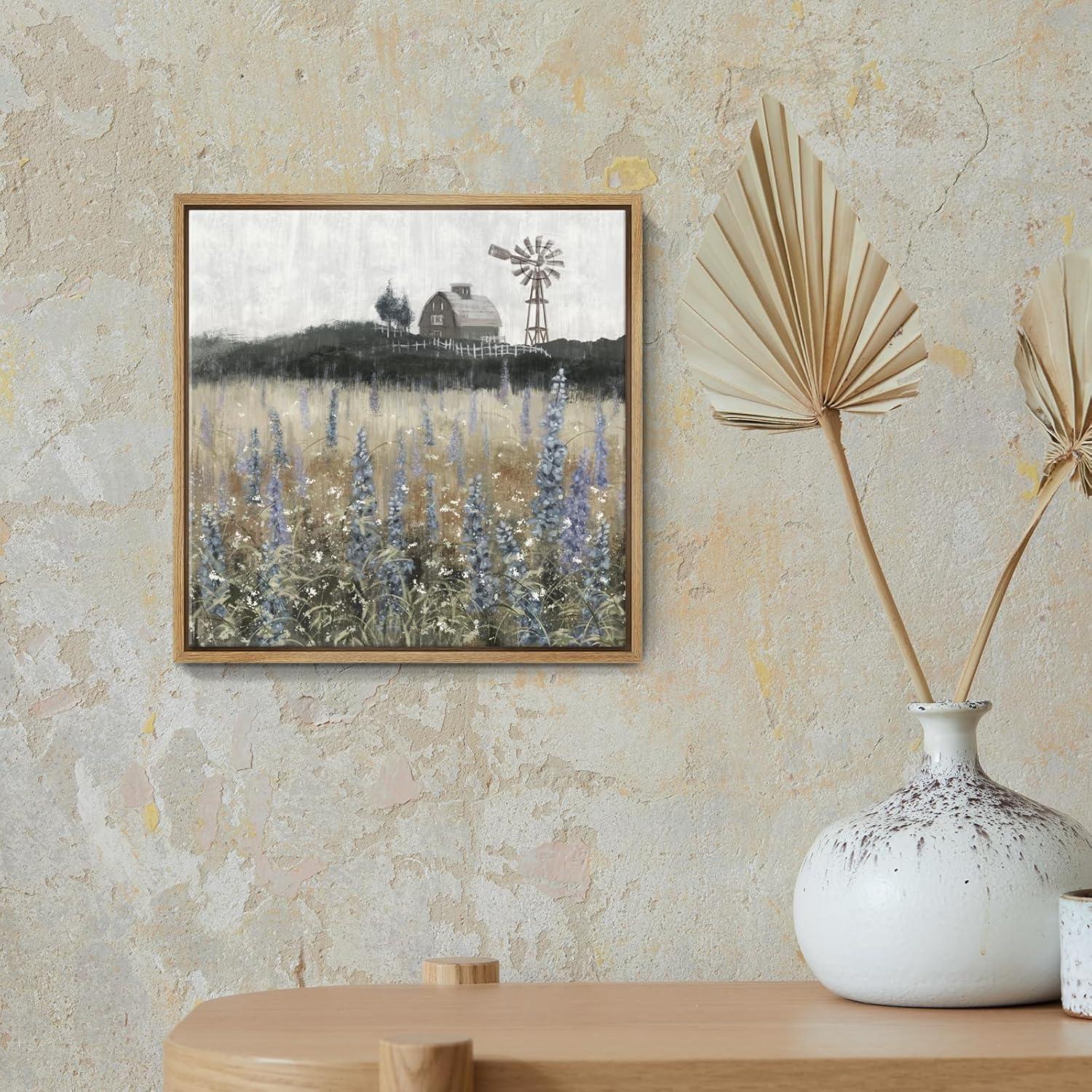 Rustic Countryside Wildflower Field Landscape Canvas Print 14" x 14"