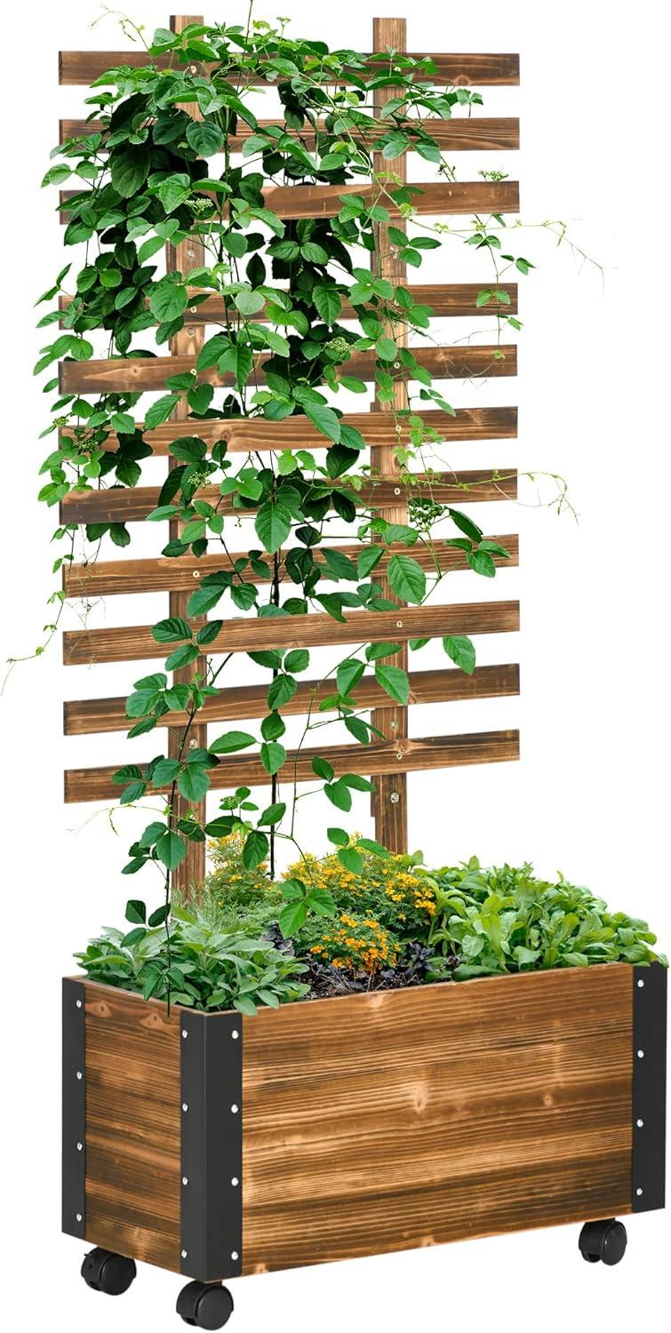 Outsunny Raised Garden Bed With Trellis, 58" Outdoor Wooden Planter Box With Wheels, For Vine Plants Flowers Climbing And Planting, Brown