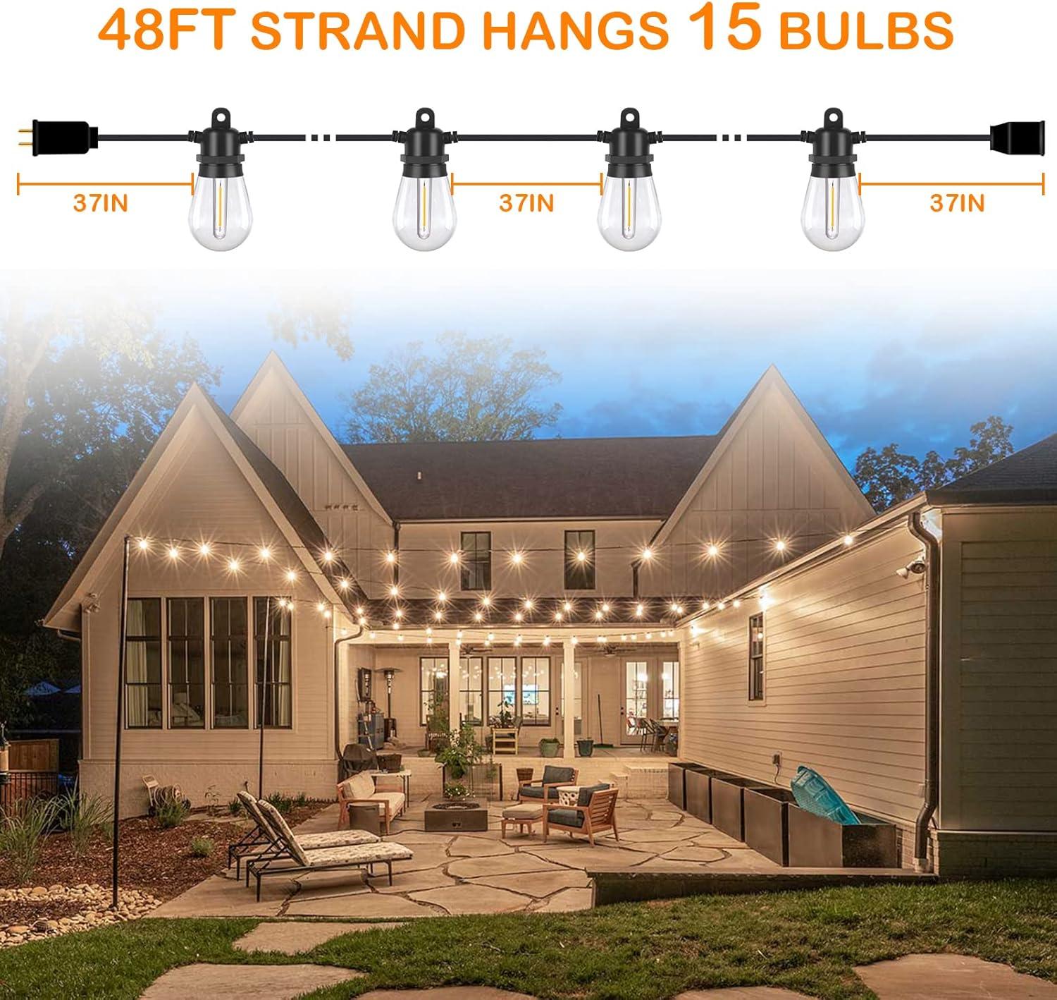 Outdoor LED String Lights 48FT - Shatterproof & Waterproof, Bright Patio Light