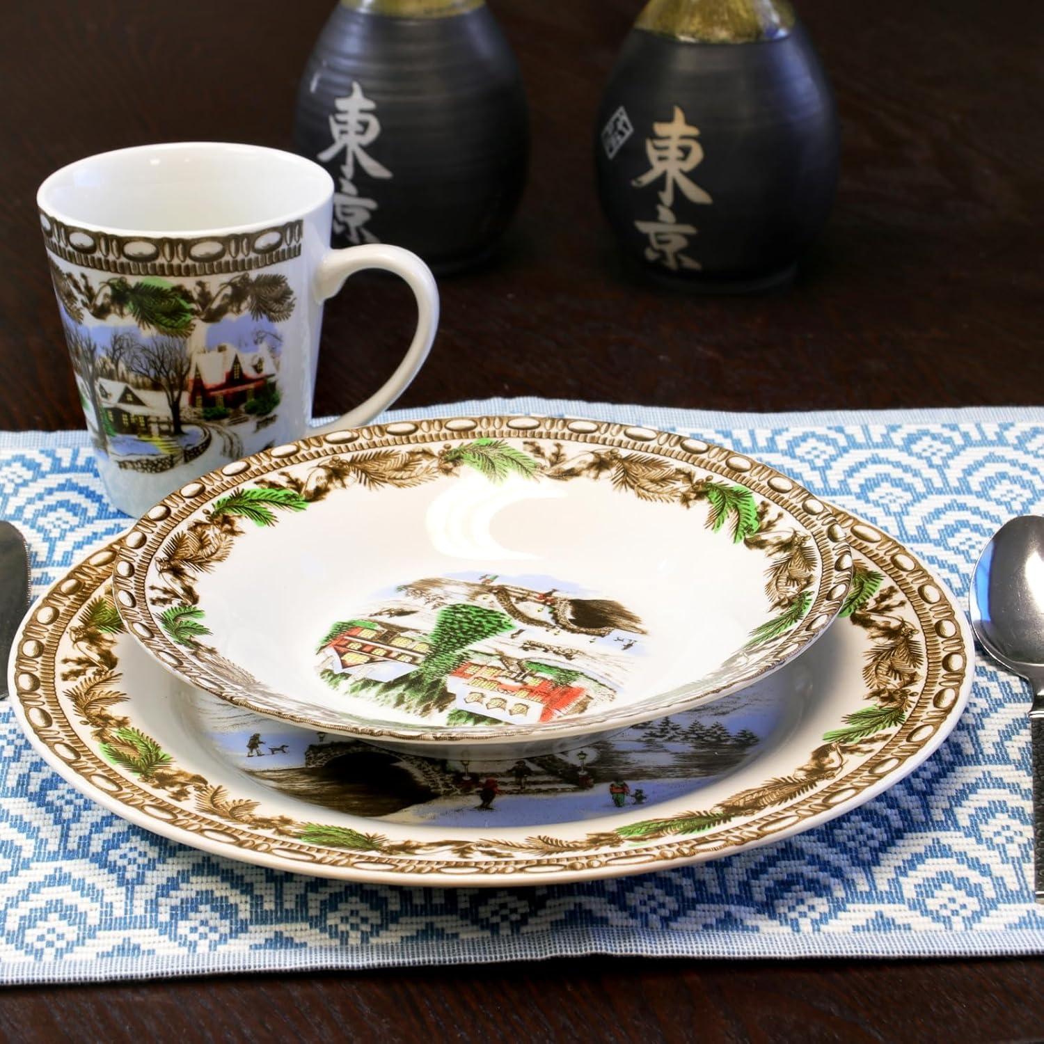 Christmas Toile 16-Piece Porcelain Dinnerware Set with Winter Scene