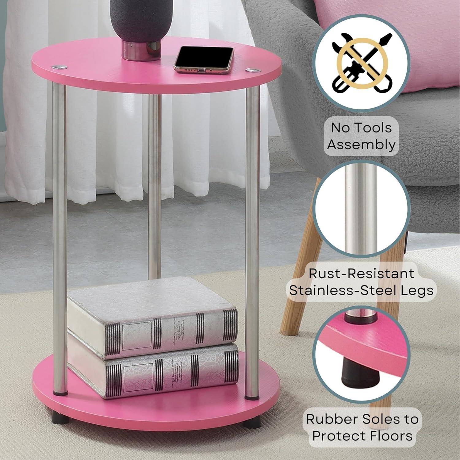 Convenience Concepts Designs2Go No Tools 2 Tier Round End Table, Pink/Chrome