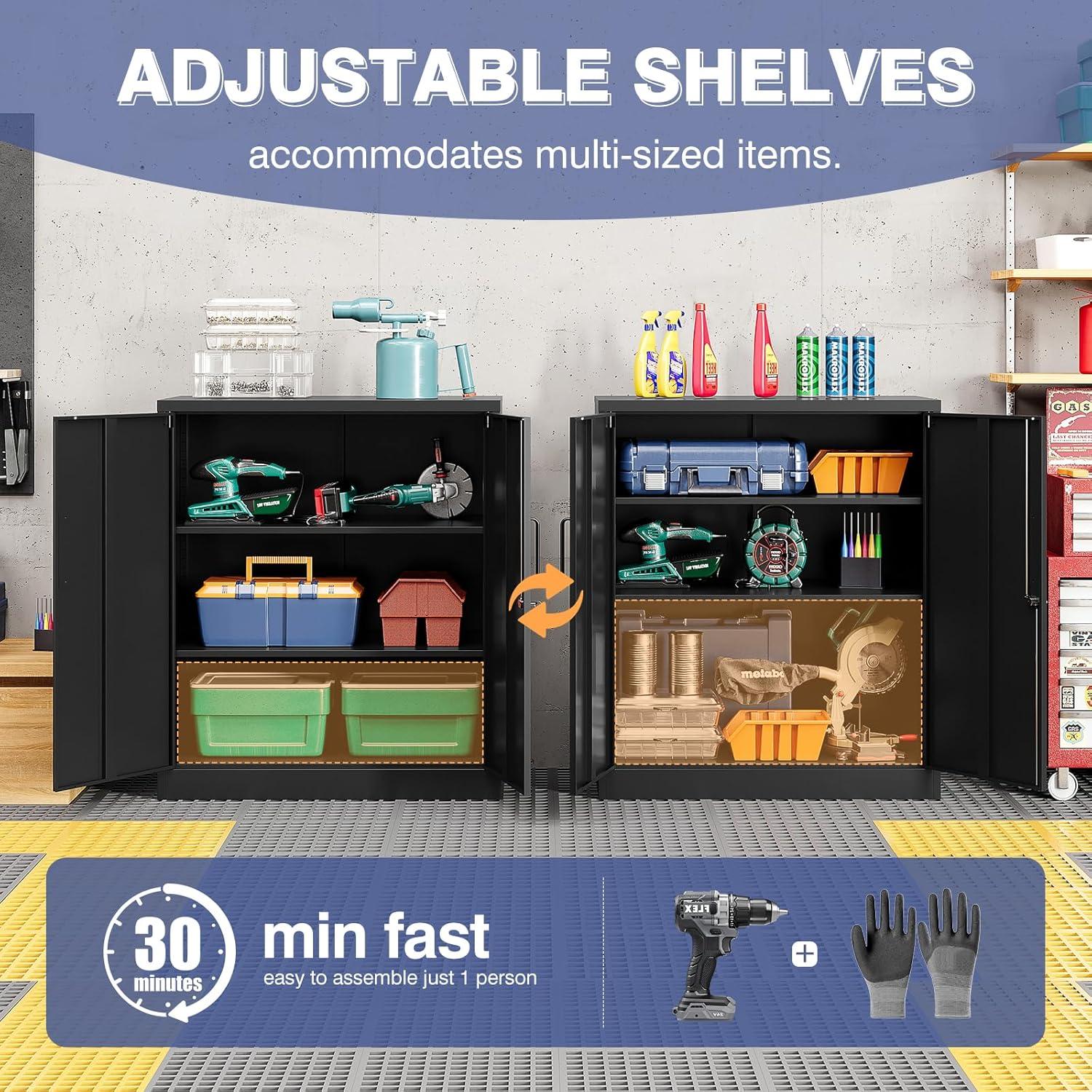 Garage Storage Cabinet, Seizeen Metal File Cabinet with Doors and Shelves, Indoor Storage Cabinet 3-Tier Shelves, Lockable Tool Storage for Garage, Warehouse, Home, Black