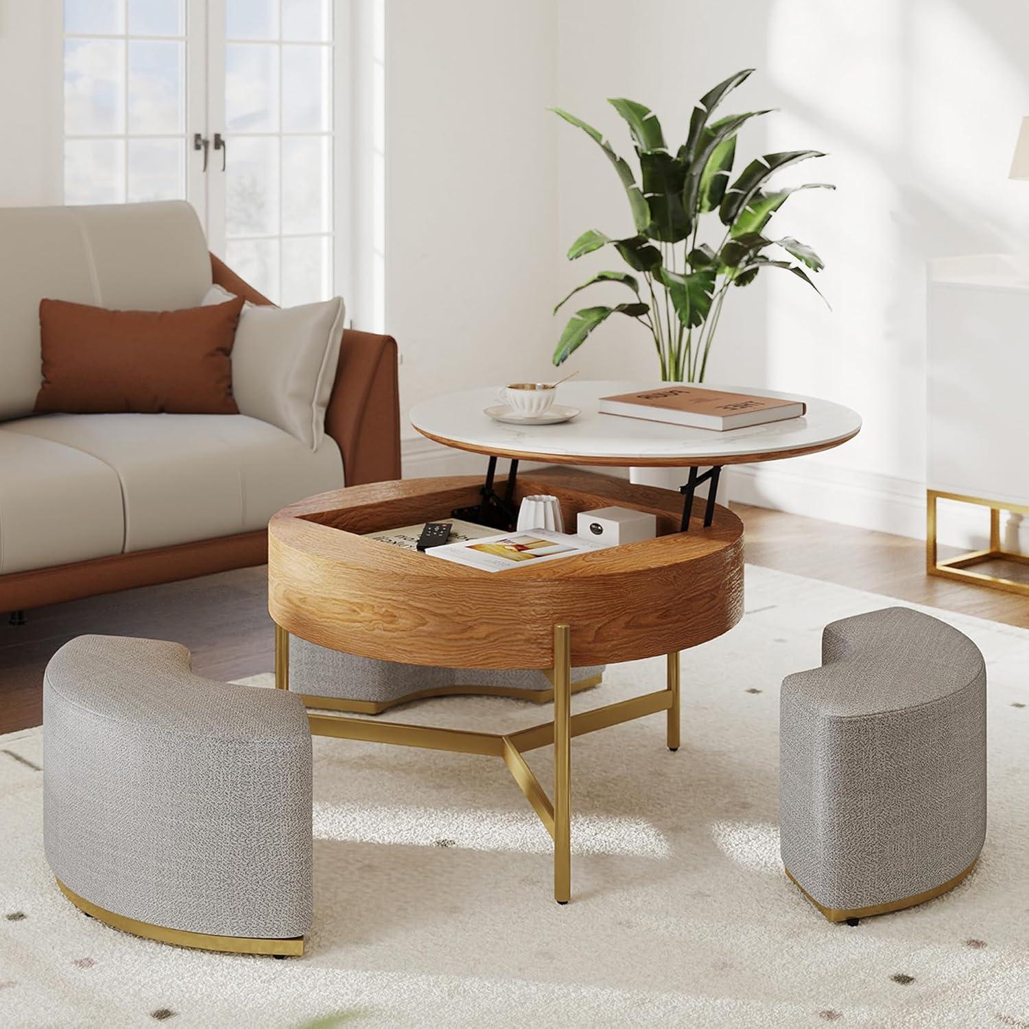 Round White and Wood Lift Top Coffee Table with Storage and Stools