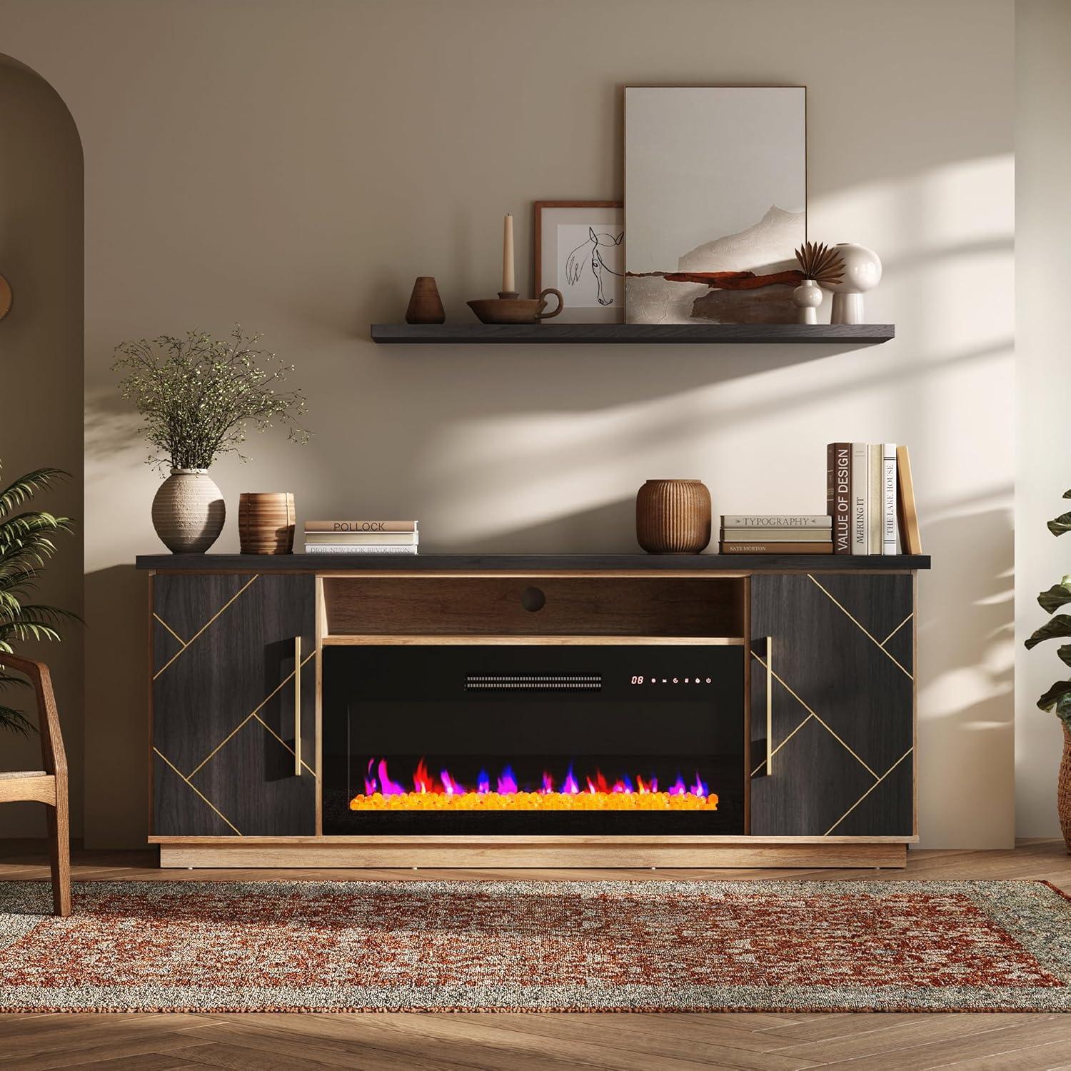 BELLEZE 68 Inch Electric Fireplace TV Stand With Gold Grim, Elegant Entertainment Center With Storage, Media Console With Drawers & Open Shelves for Living Room, Bedroom Home Theater (Espresso Black)